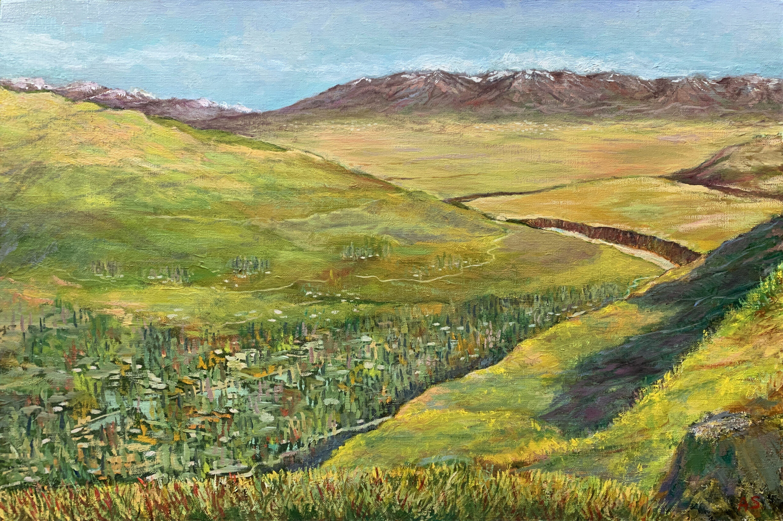 Mountain landscape River Surkhob Safedchashma Samsoliq village oil painting artist Albert Safiullin