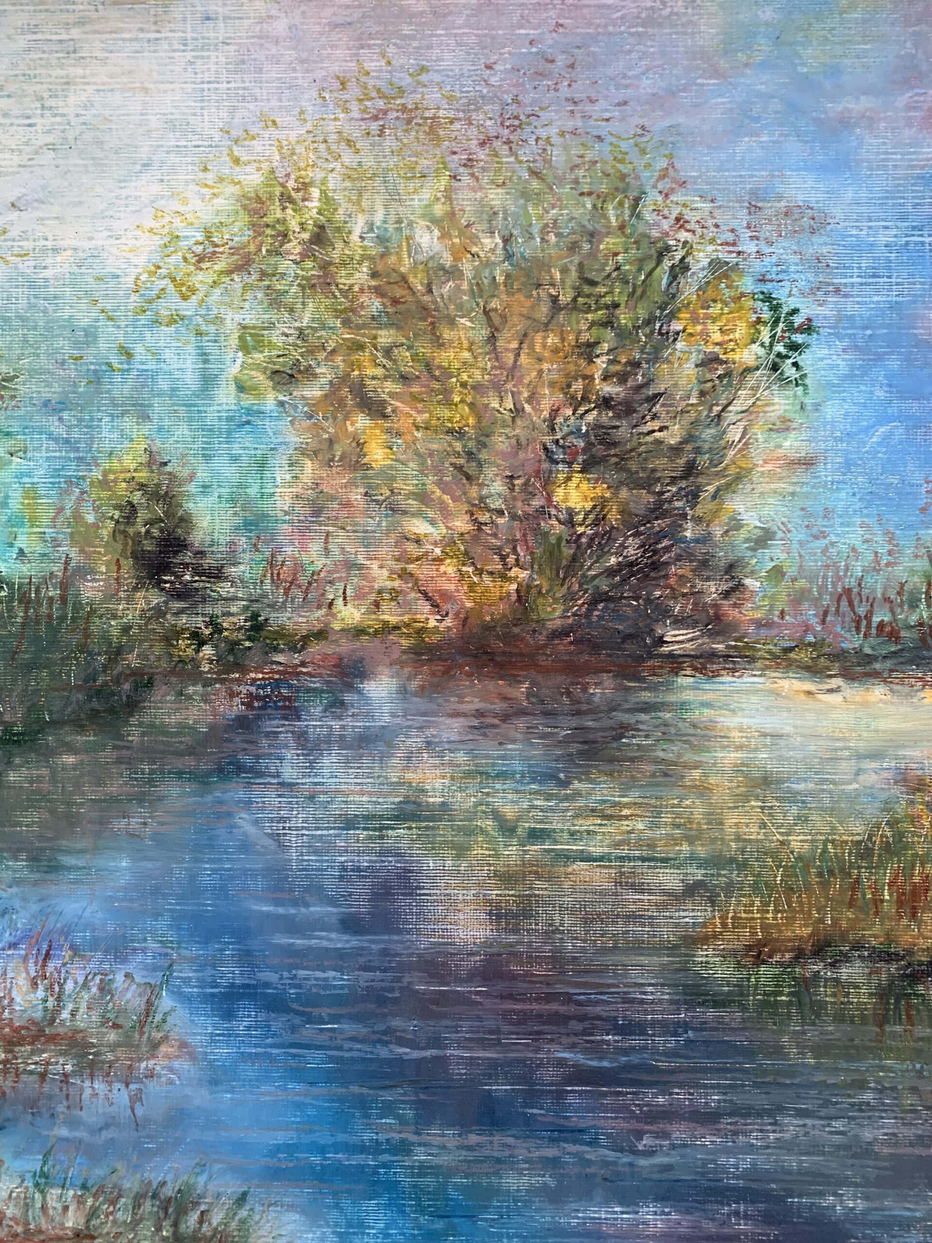 River Landscape with a Tree painting by Albert Safiullin River Landscape oil pastel painting artist Albert Safiullin