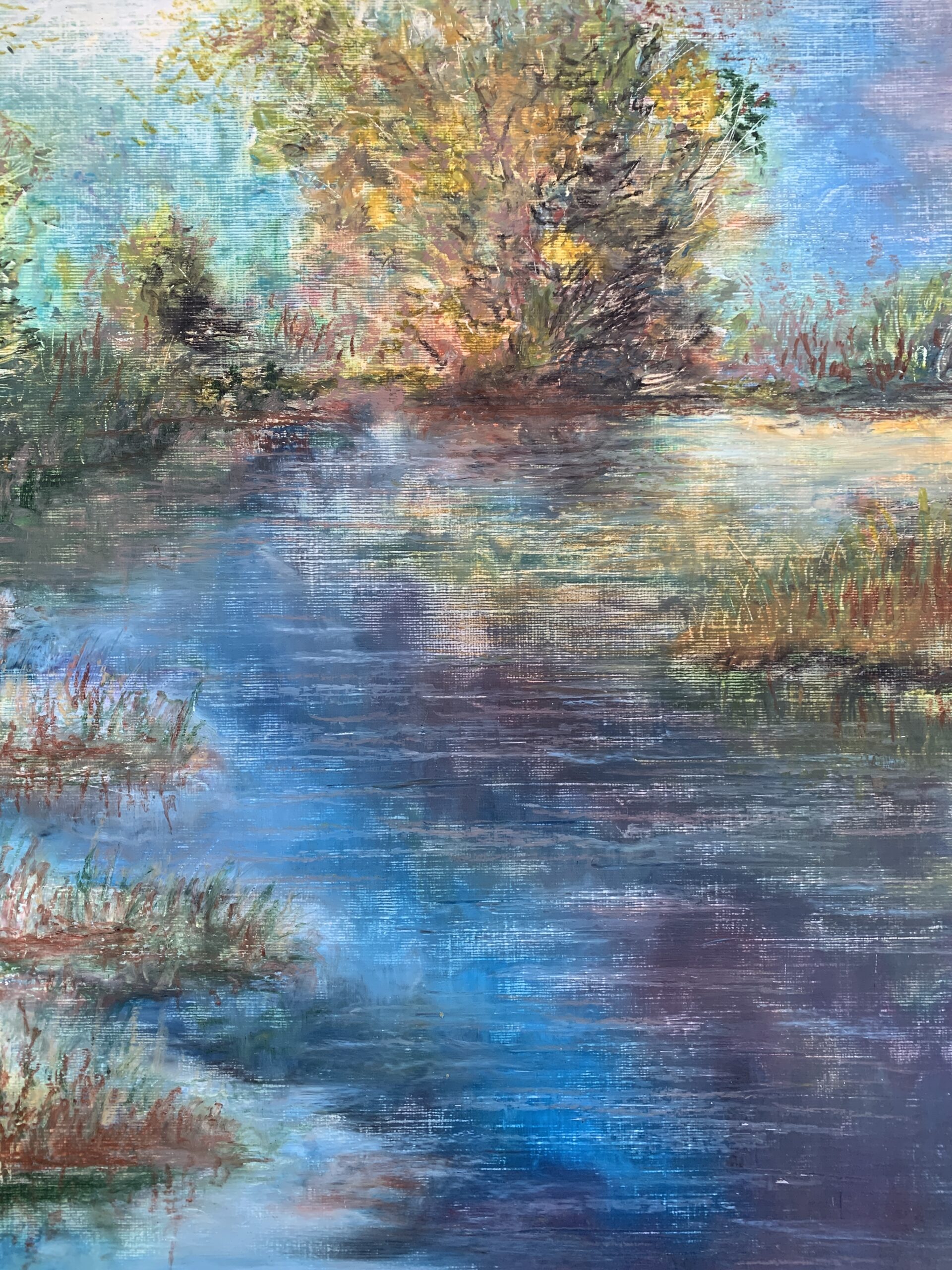 River Landscape with a Tree painting by Albert Safiullin River Landscape oil pastel painting artist Albert Safiullin