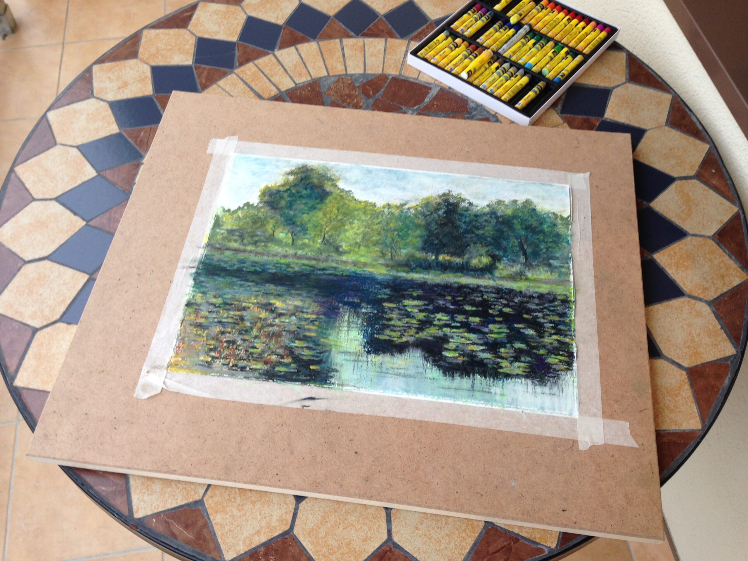 Landscape pond forest oil pastel painting by Albert Safiullin