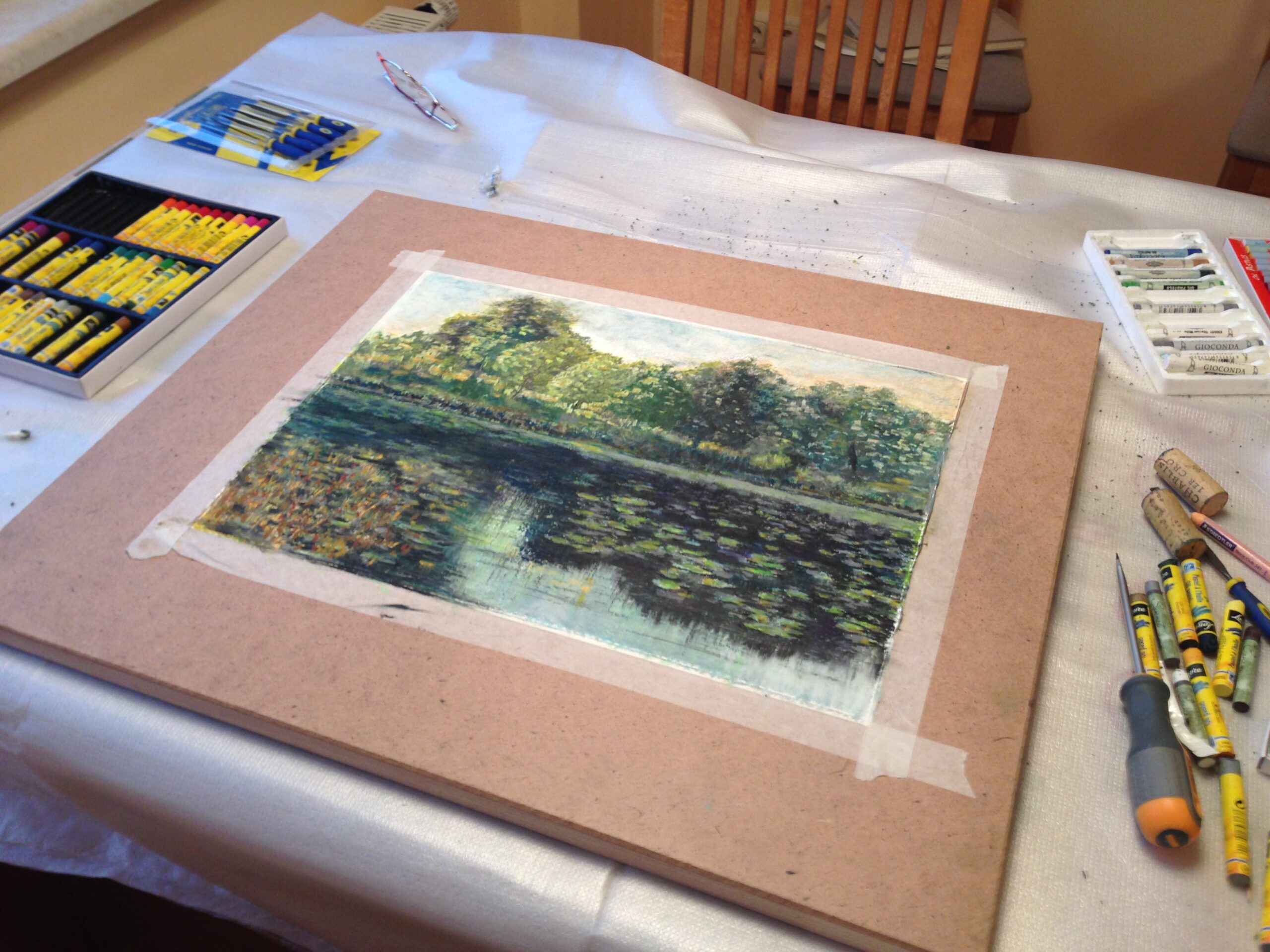 Landscape pond forest oil pastel painting by Albert Safiullin
