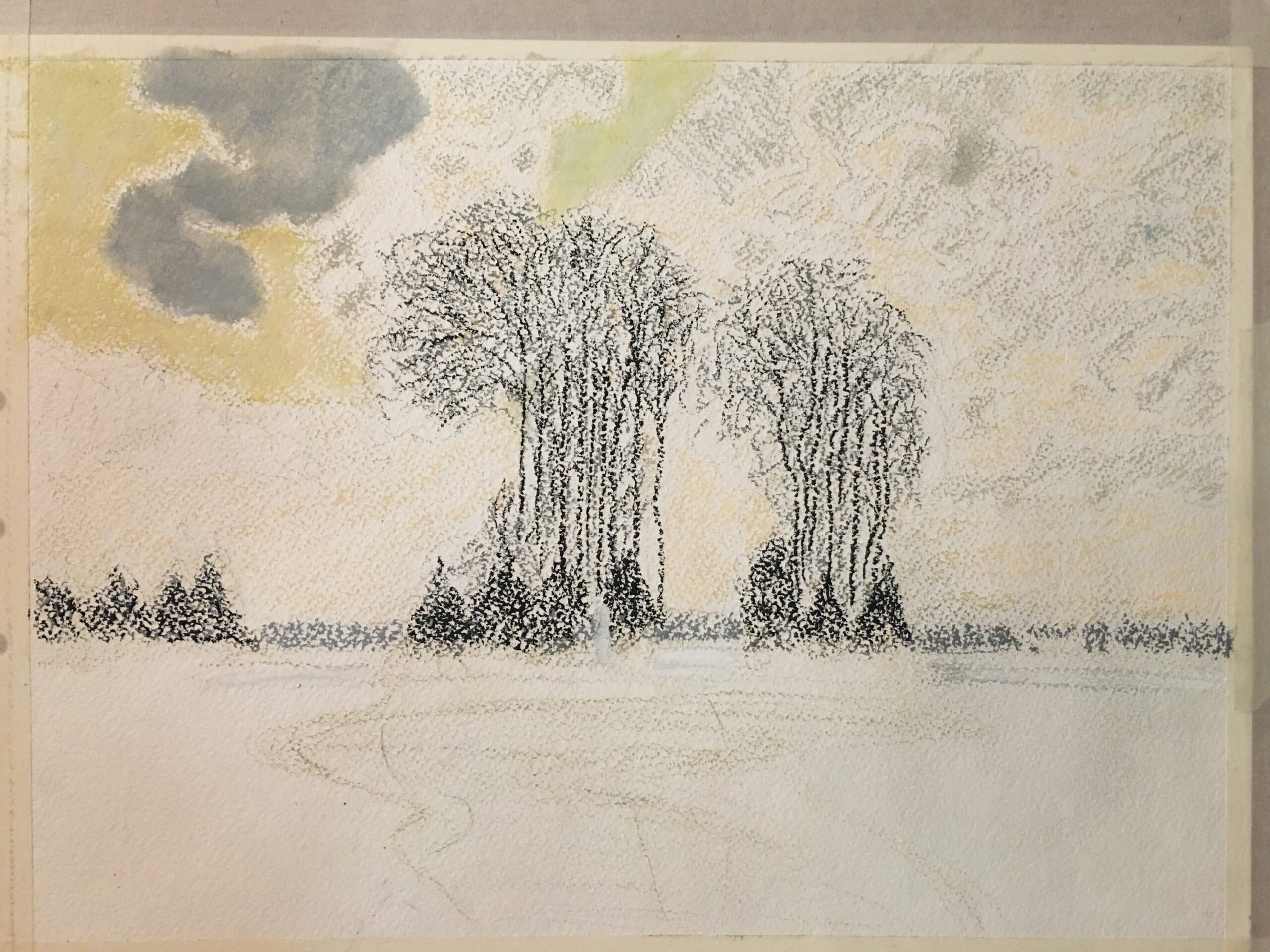 oil pastel winter landscape sunny day snow ice pond impressionism Albert Safiullin