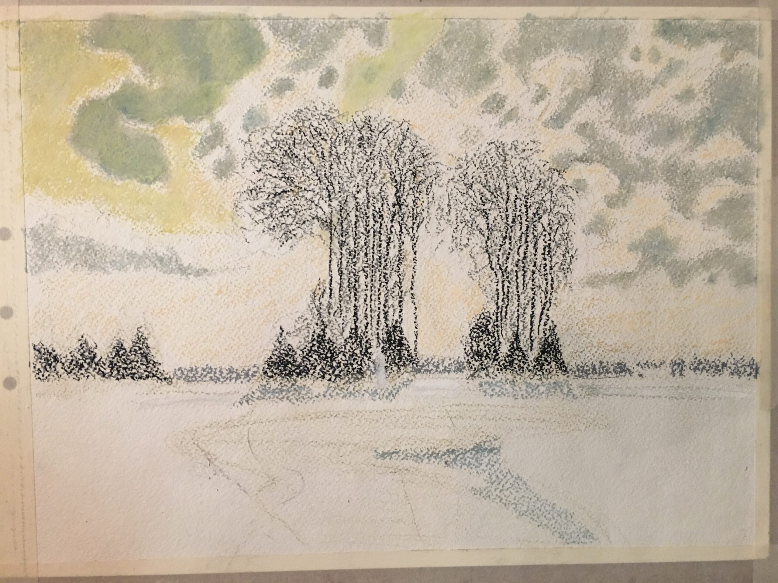 oil pastel winter landscape sunny day snow ice pond impressionism Albert Safiullin