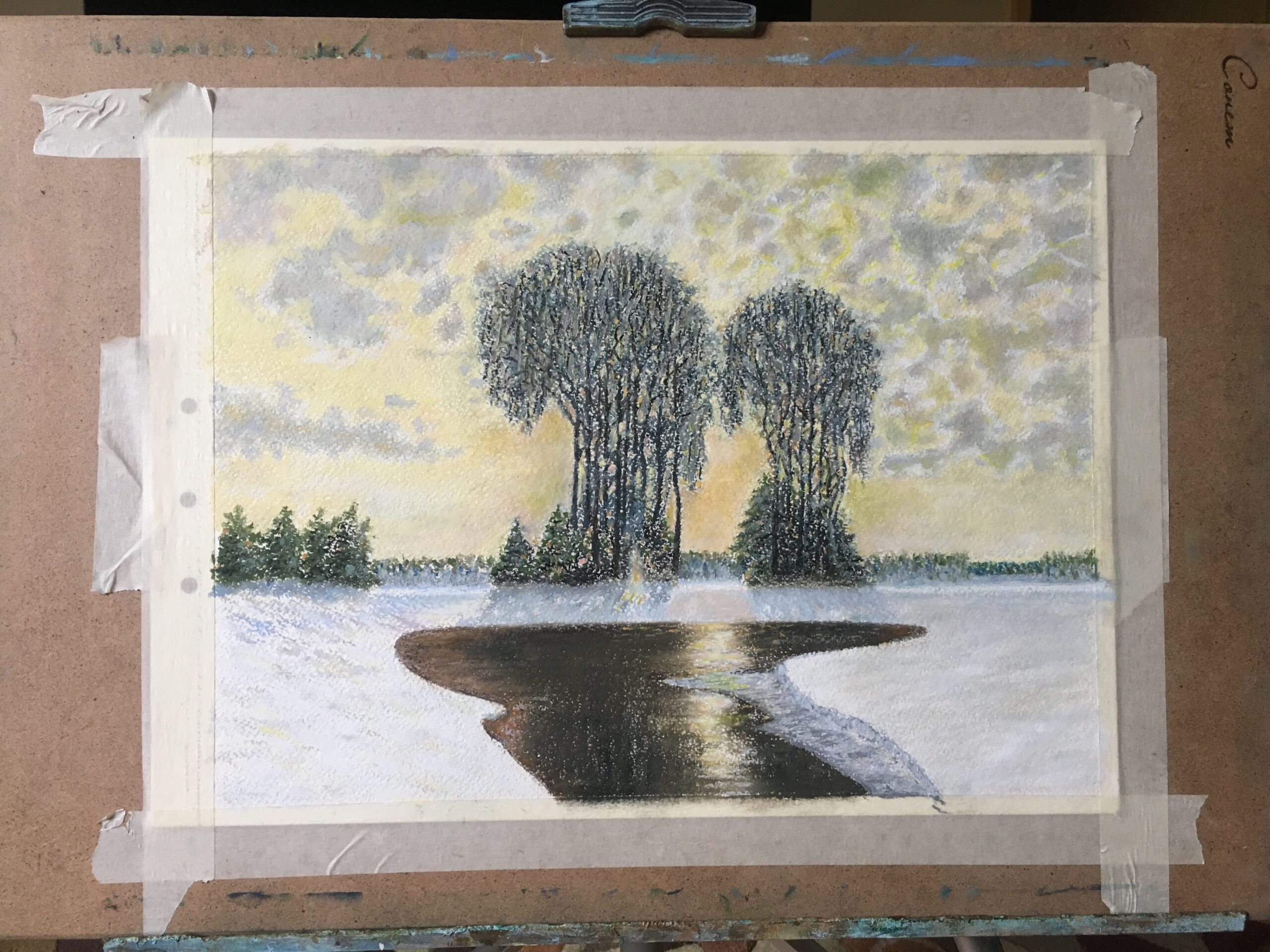 oil pastel winter landscape sunny day snow ice pond impressionism Albert Safiullin