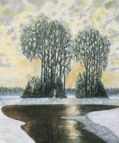 oil pastel winter landscape sunny day snow ice pond impressionism Albert Safiullin