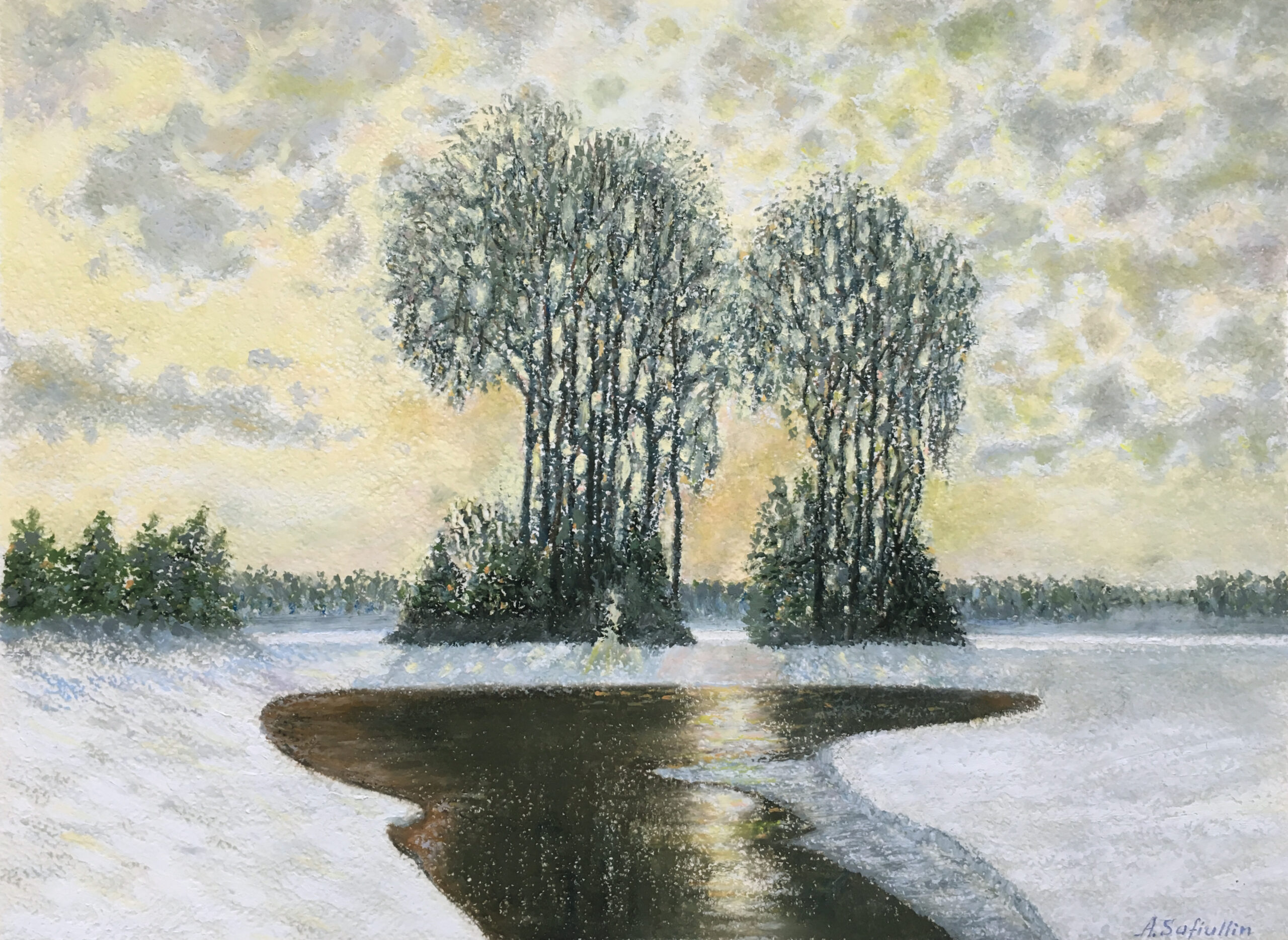 oil pastel winter landscape sunny day snow ice pond impressionism Albert Safiullin