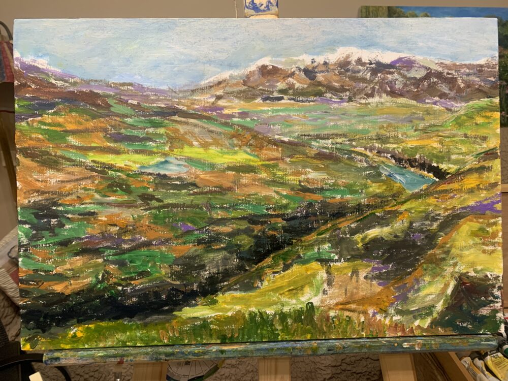 Mountain landscape River Surkhob Safedchashma Samsoliq village oil painting artist Albert Safiullin
