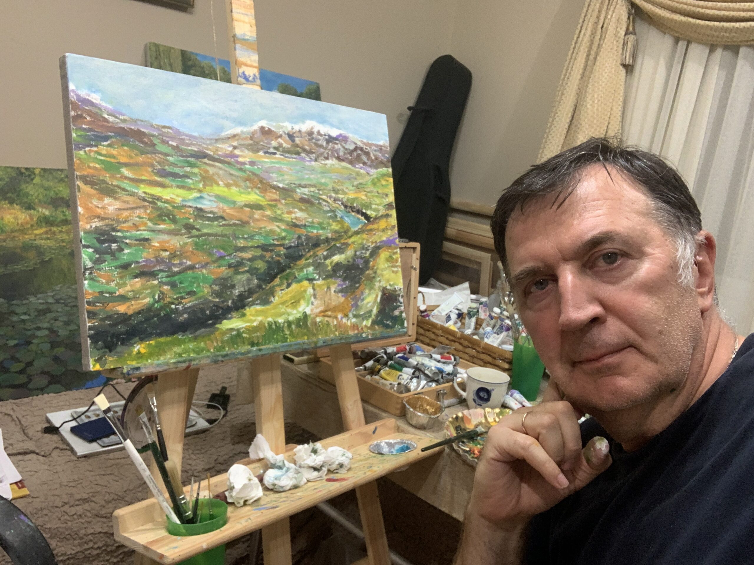Mountain landscape River Surkhob Safedchashma Samsoliq village oil painting artist Albert Safiullin