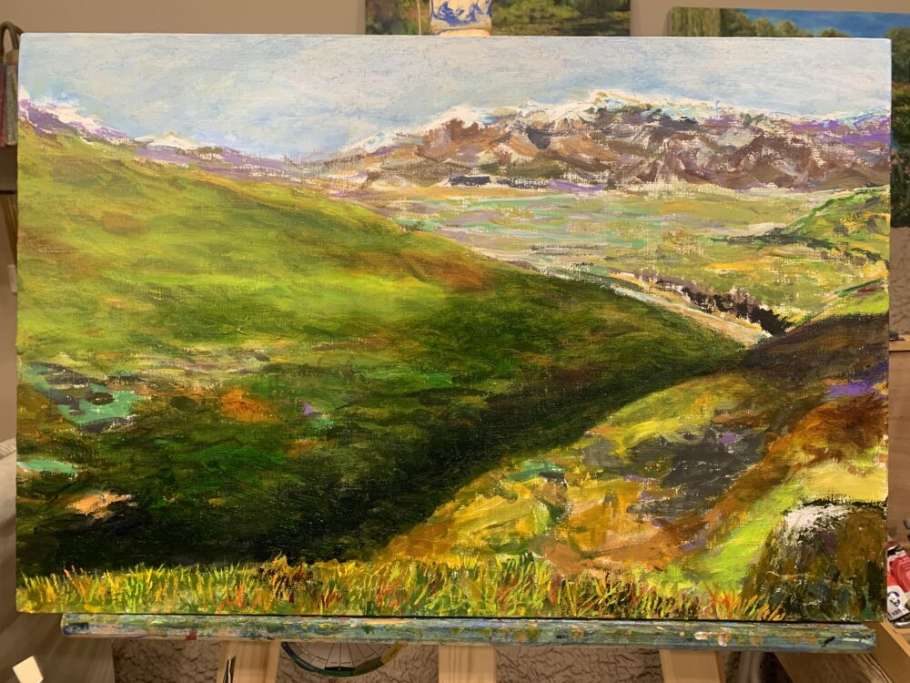Mountain landscape River Surkhob Safedchashma Samsoliq village oil painting artist Albert Safiullin