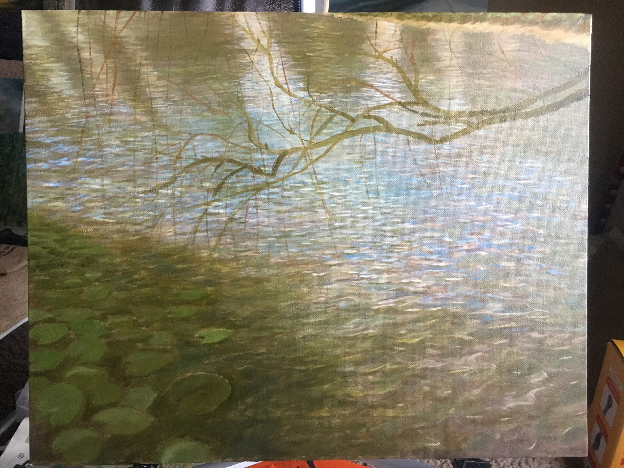 River landscape with a branch painting by Albert Safiullin River landscape spring oil painting artist Albert Safiullin