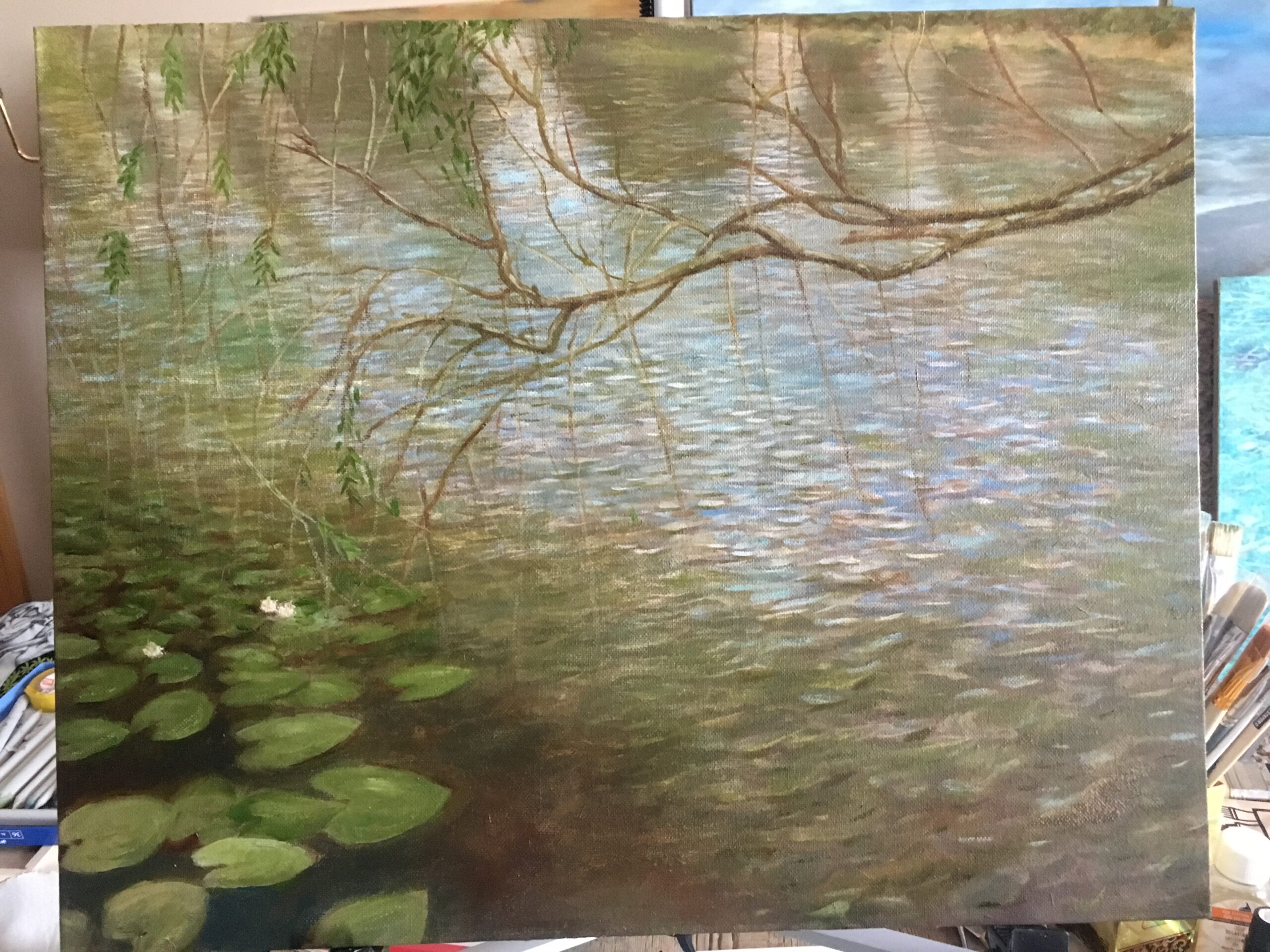 River landscape with a branch painting by Albert Safiullin River landscape spring oil painting artist Albert Safiullin