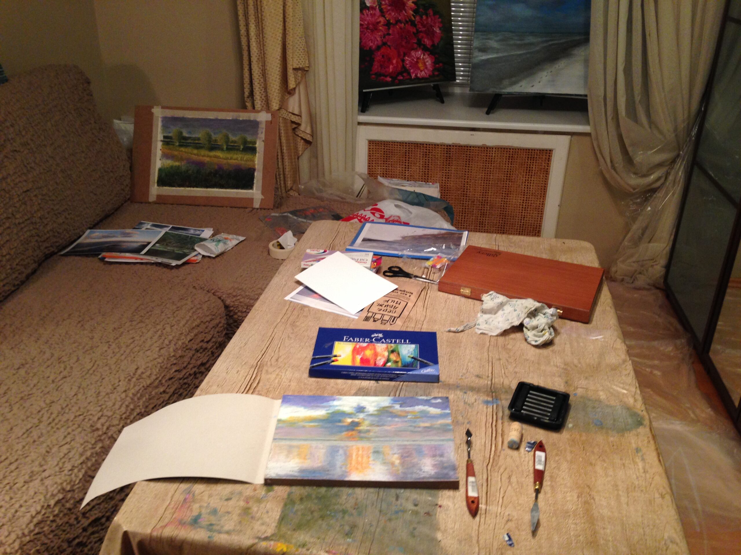 Sunset Ocean oil pastel painting artist Albert Safiullin