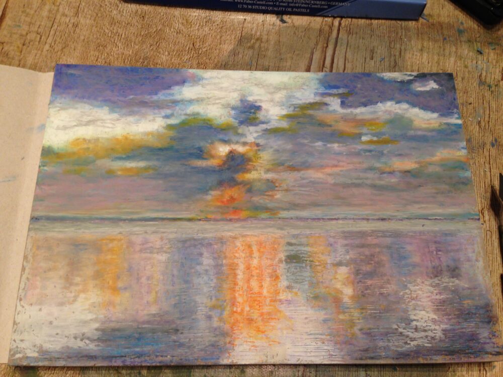 Sunset Ocean oil pastel painting artist Albert Safiullin