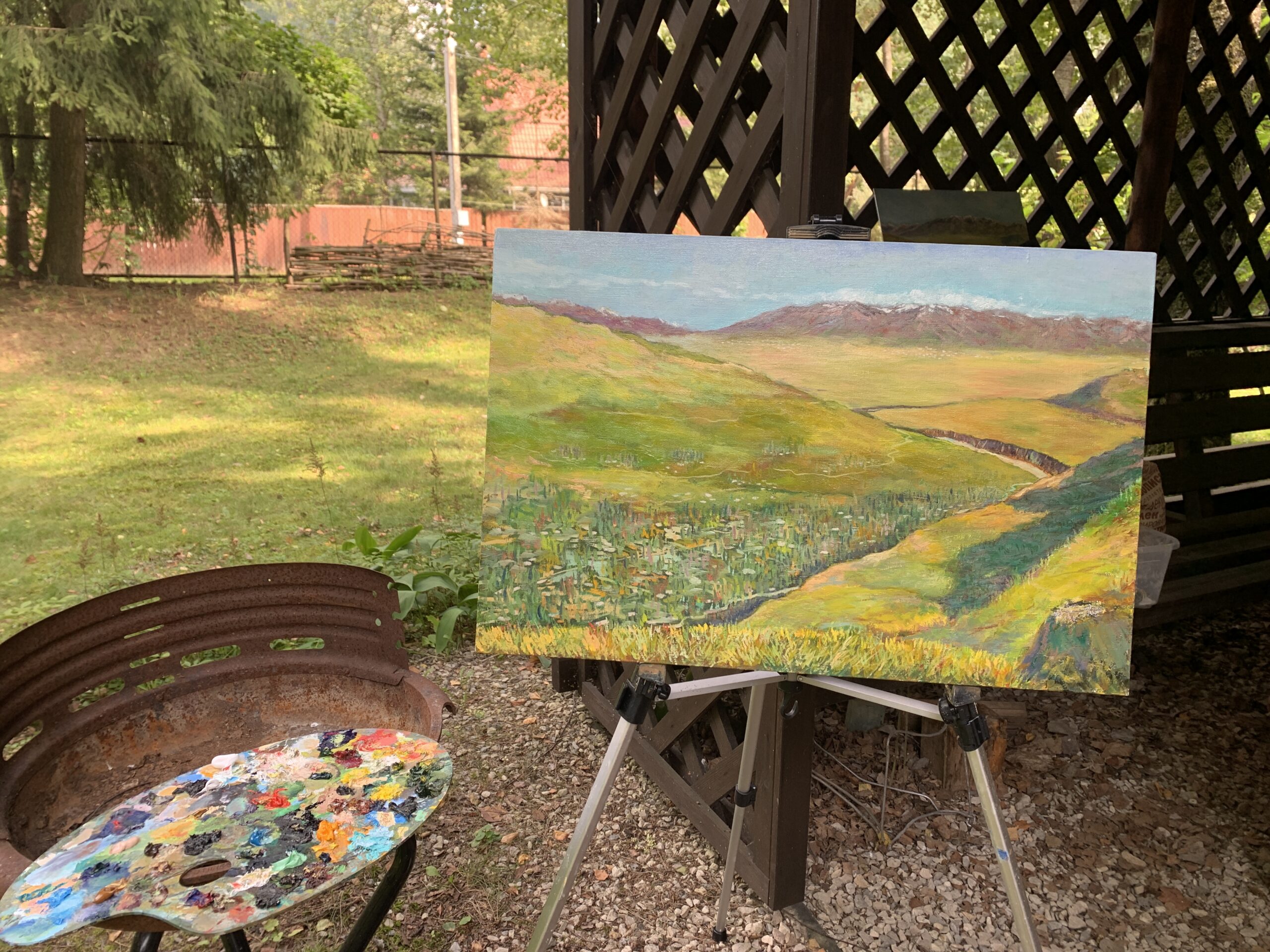 Mountain landscape River Surkhob Safedchashma Samsoliq village oil painting artist Albert Safiullin