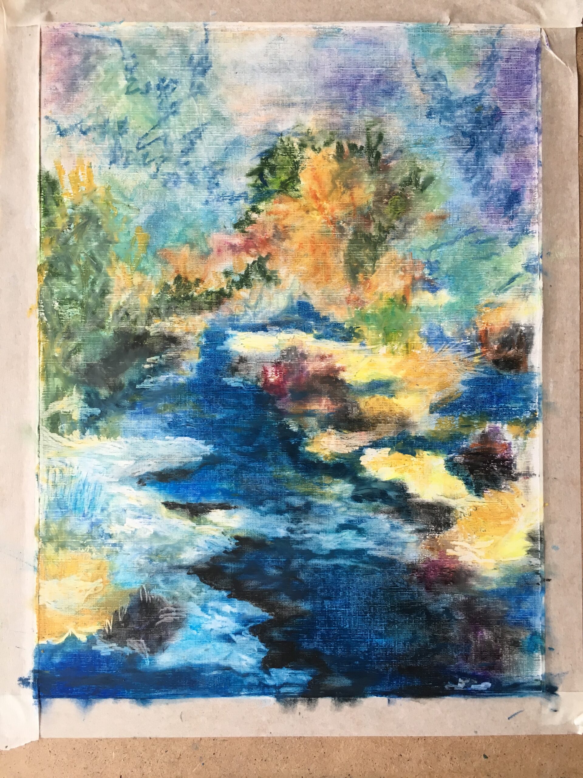 River Landscape with a Tree painting by Albert Safiullin River Landscape oil pastel painting artist Albert Safiullin