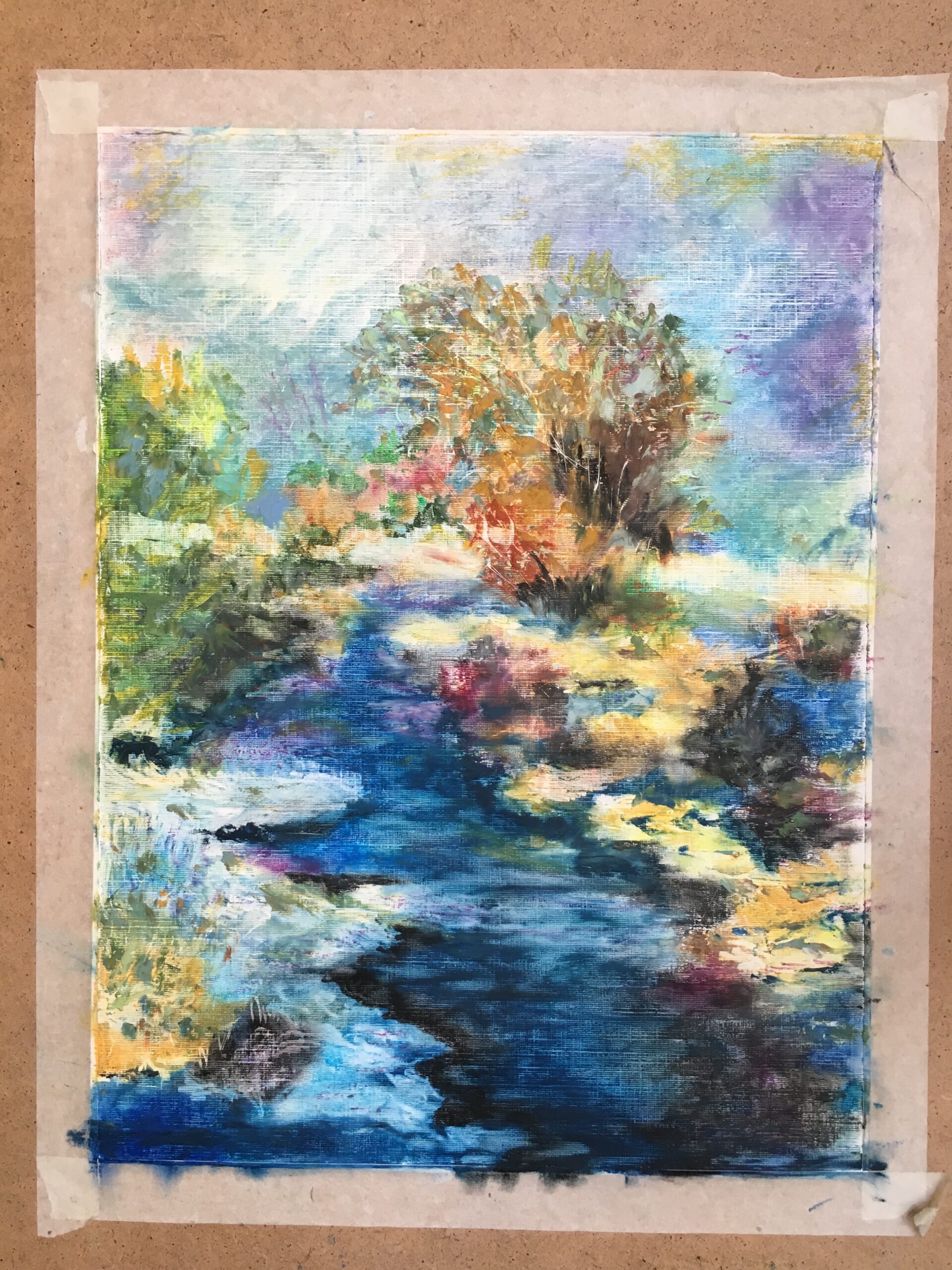 River Landscape with a Tree painting by Albert Safiullin River Landscape oil pastel painting artist Albert Safiullin