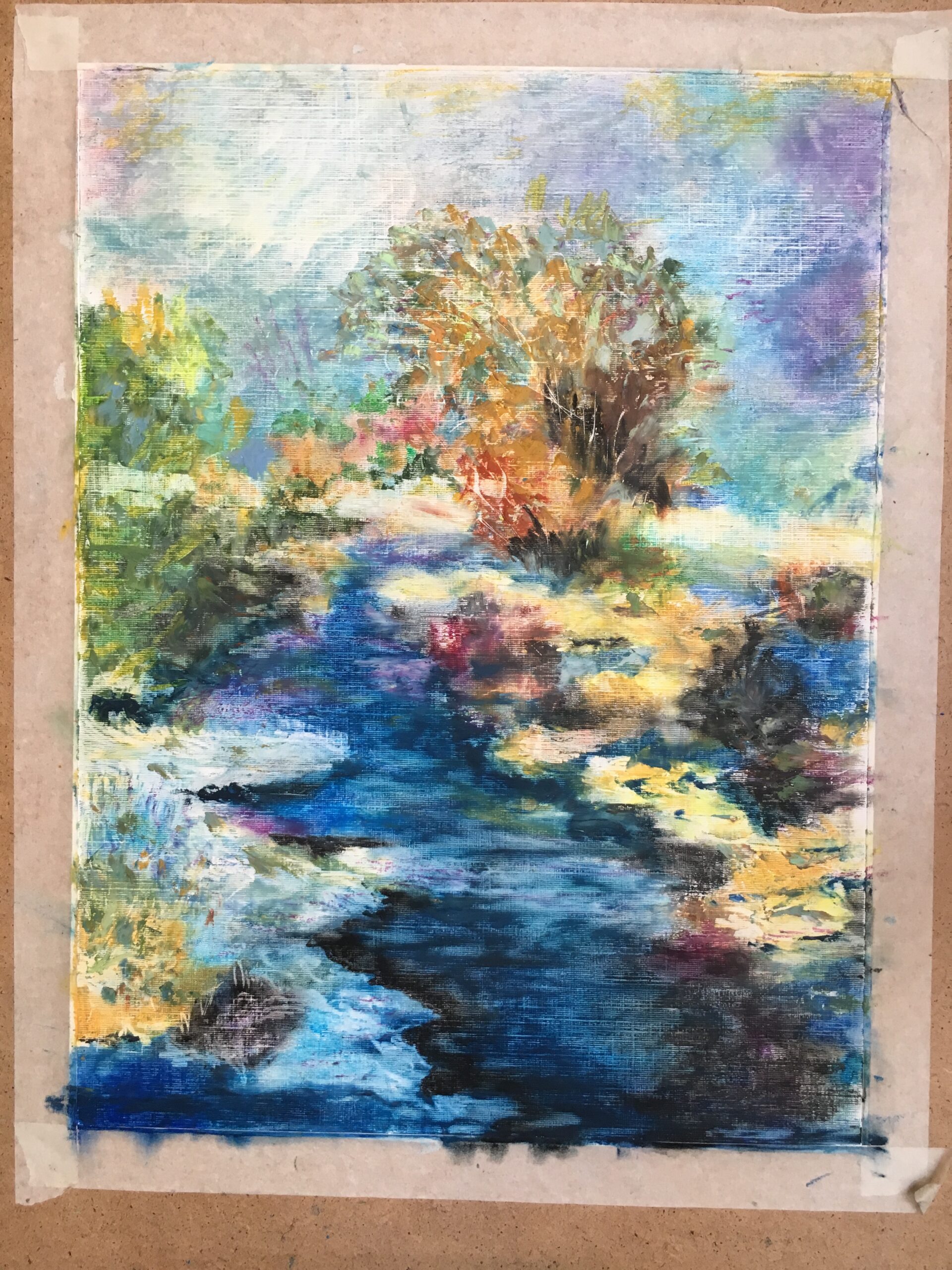 River Landscape with a Tree painting by Albert Safiullin River Landscape oil pastel painting artist Albert Safiullin