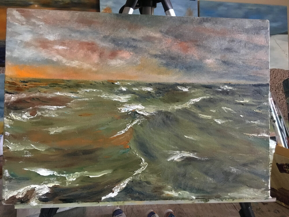 Sea landscape Wave sunset oil painting artist Albert Safiullin