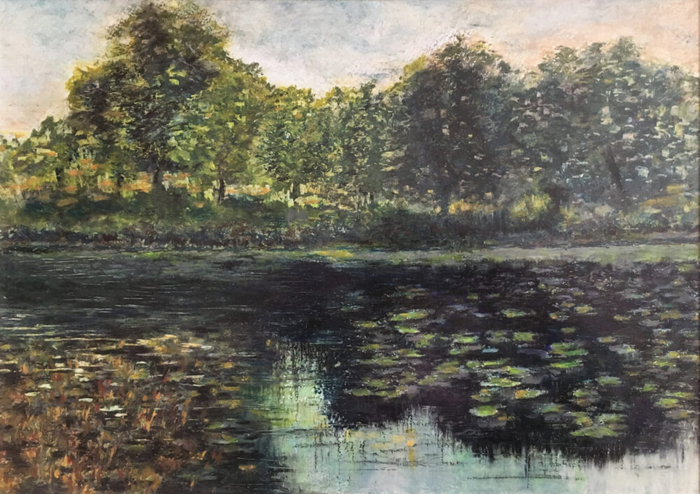 Landscape pond forest oil pastel painting by Albert Safiullin