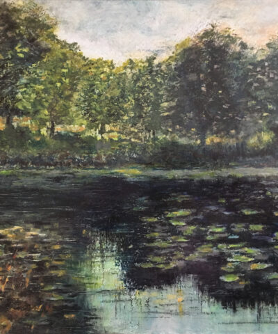 Landscape pond forest oil pastel painting by Albert Safiullin
