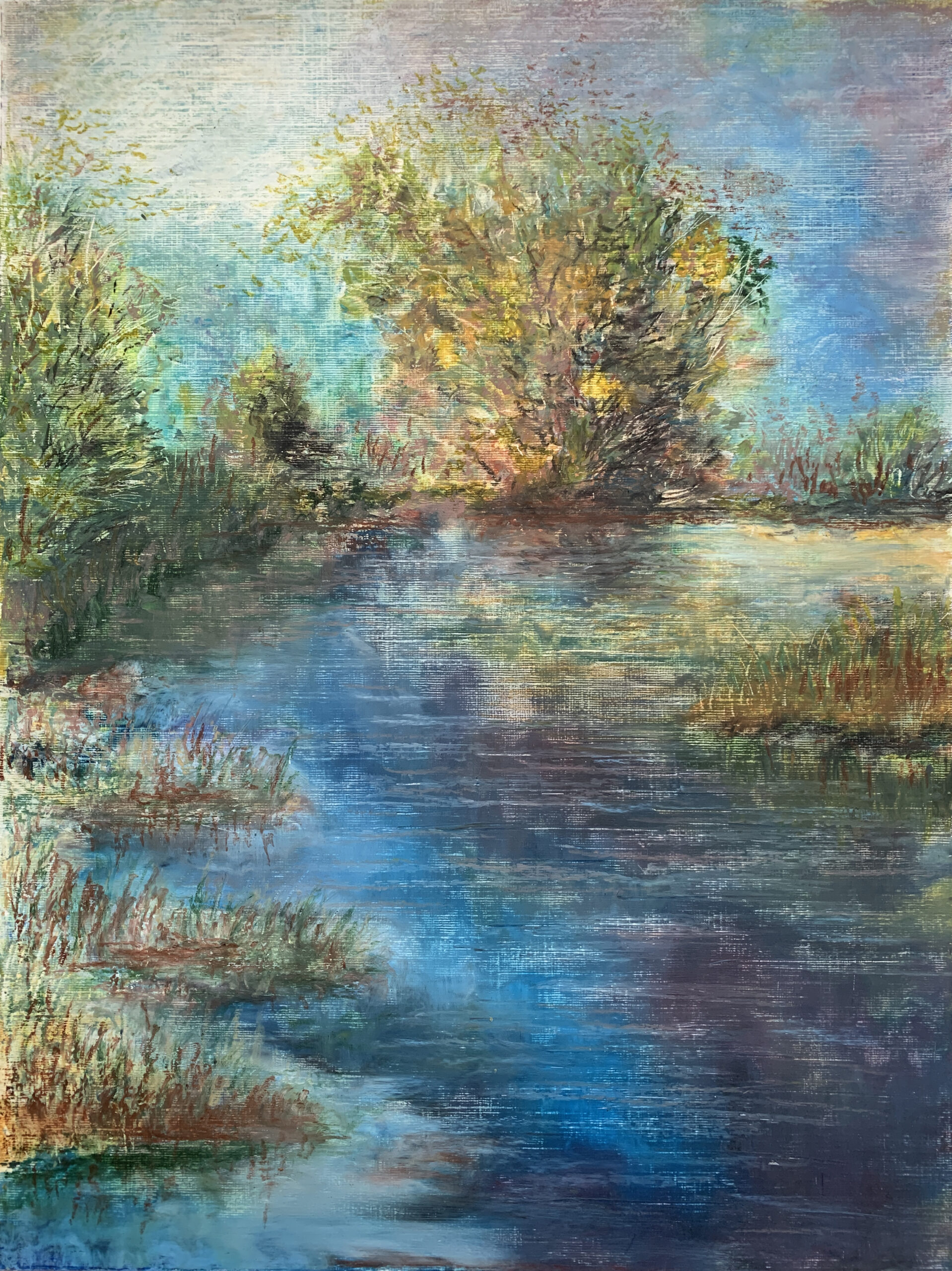 FINAL River Landscape with a Tree painting by Albert Safiullin River Landscape oil pastel painting artist Albert Safiullin