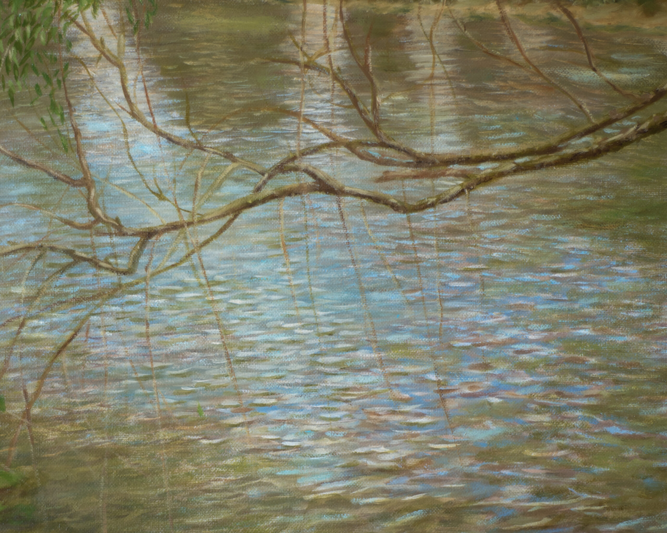 River landscape with a branch painting by Albert Safiullin River landscape spring oil painting artist Albert Safiullin