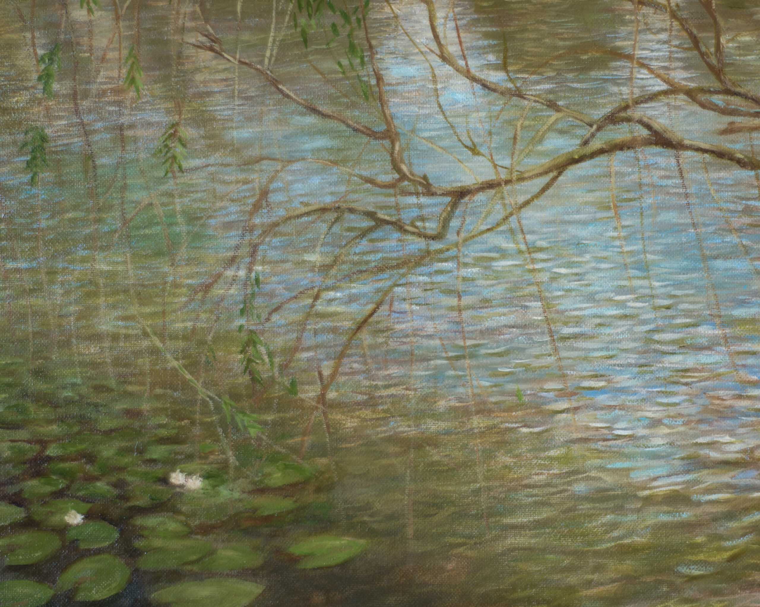 River landscape with a branch painting by Albert Safiullin River landscape spring oil painting artist Albert Safiullin