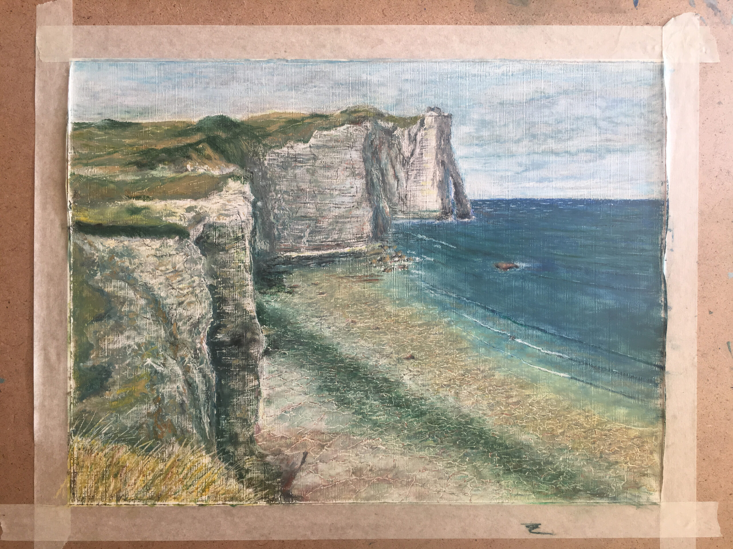 Etretat Cliffs at Low Tide painting by Albert Safiullin Etretat Normandy oil pastel painting artist Albert Safiullin