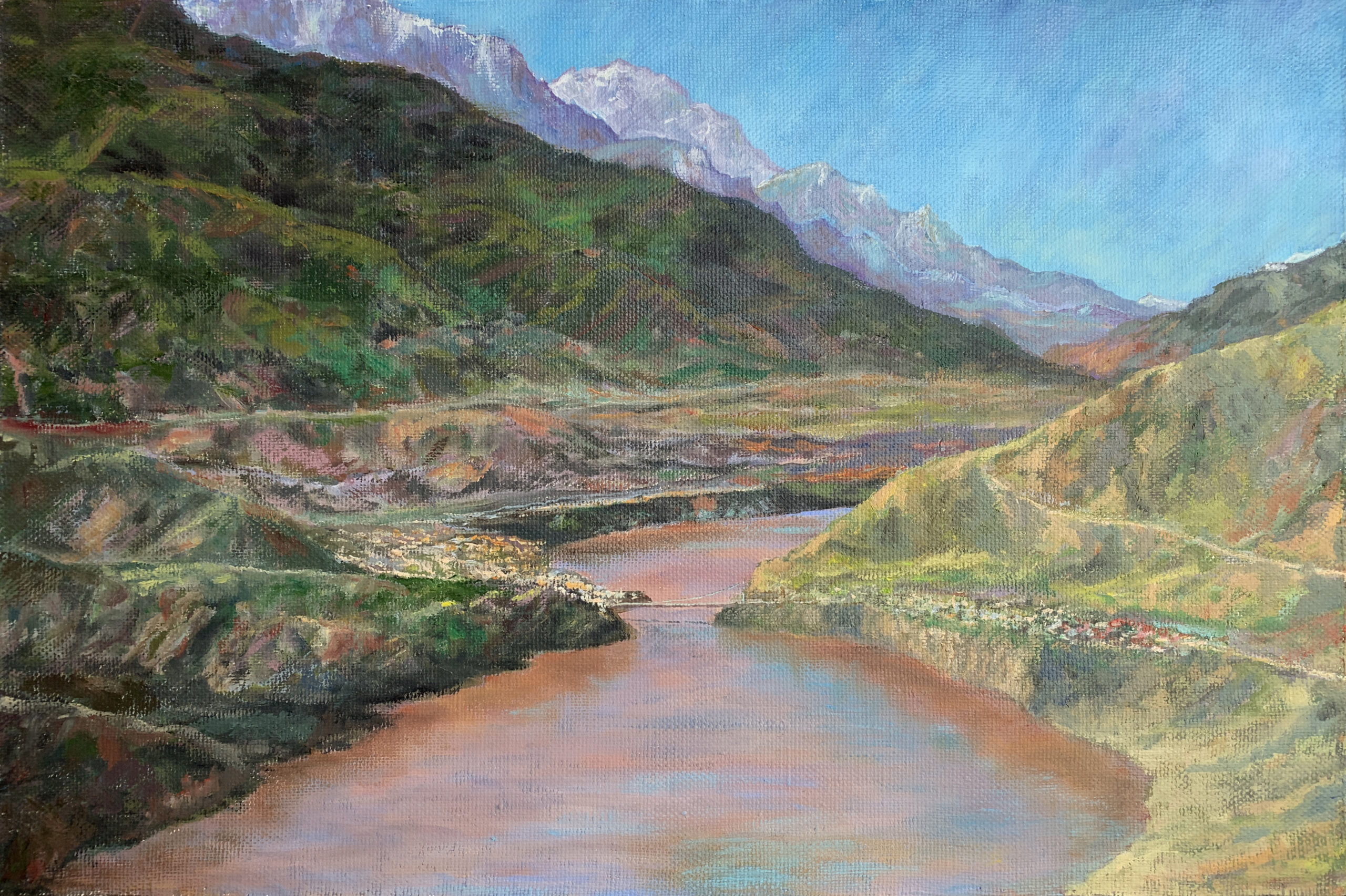 Surkhob River Safedchashma village landscape oil painting Albert Safiullin