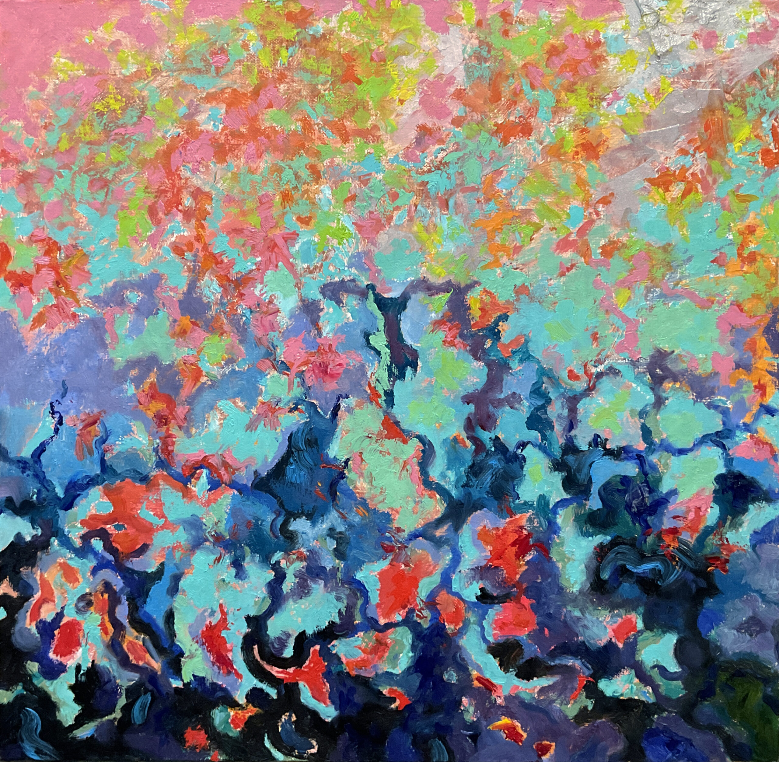 Black and turquoise on millennial pink by Albert Safiullin Abstract Black turquoise millennial pink oil painting Albert Safiullin