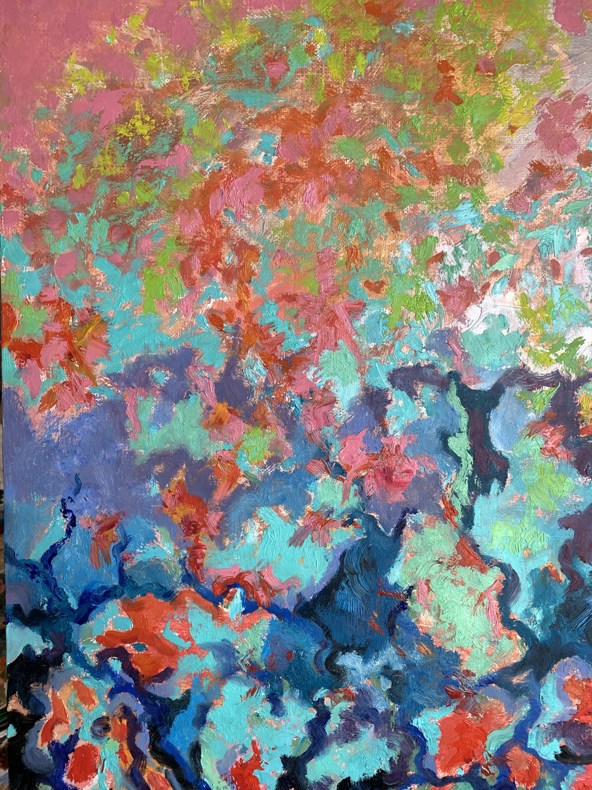 Black and turquoise on millennial pink by Albert Safiullin Abstract Black turquoise millennial pink oil painting Albert Safiullin