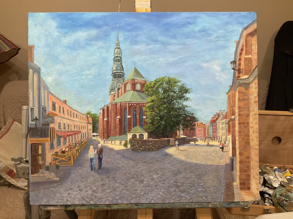 Old Riga Latvia St. Peter's Church landscape clouds city painting oil canvas artist Albert Safiullin