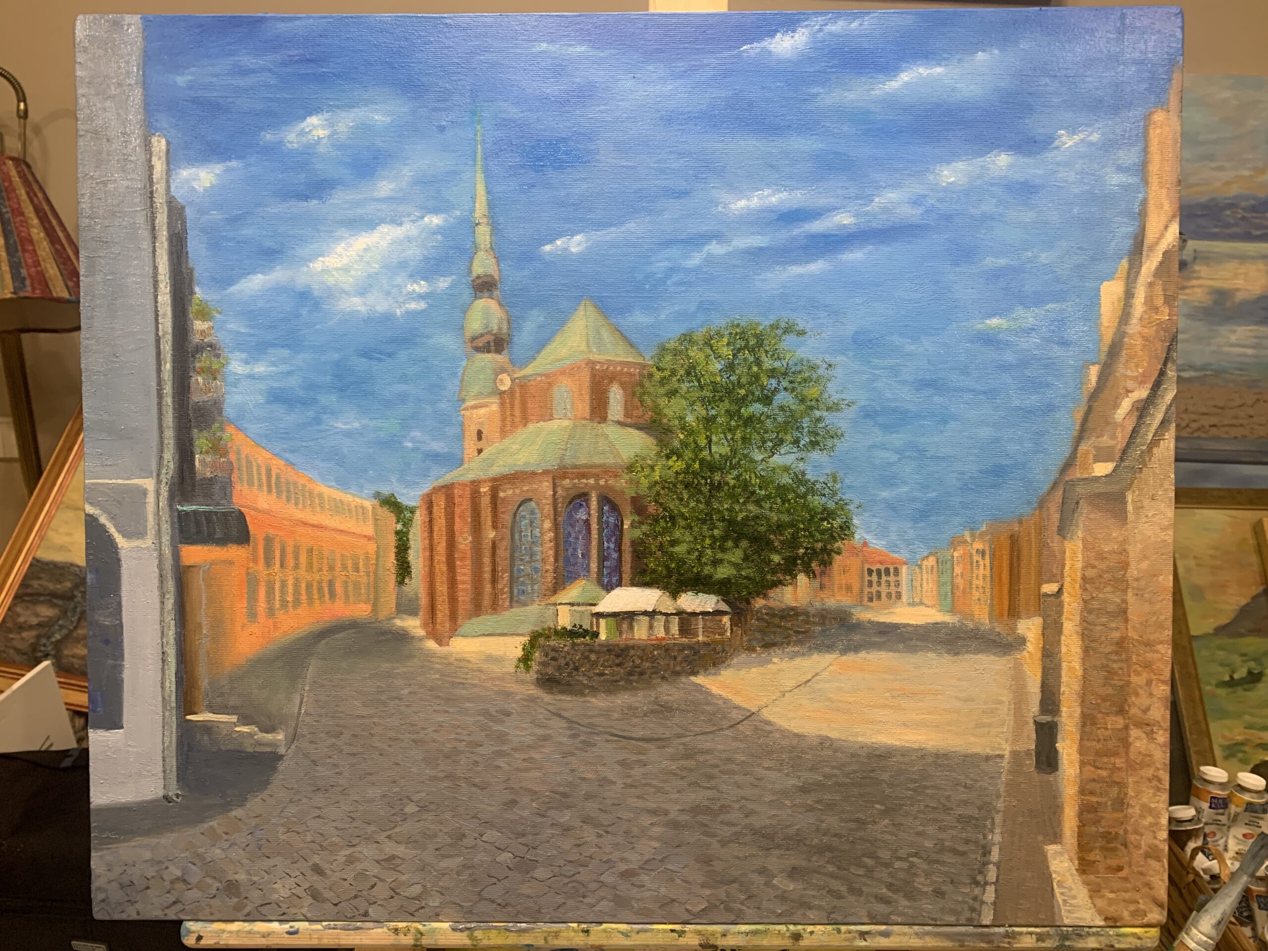 Old Riga Latvia St. Peter's Church landscape clouds city painting oil canvas artist Albert Safiullin
