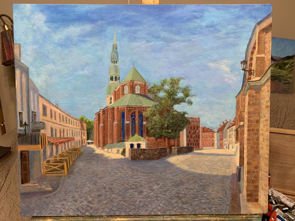 Old Riga Latvia St. Peter's Church landscape clouds city painting oil canvas artist Albert Safiullin