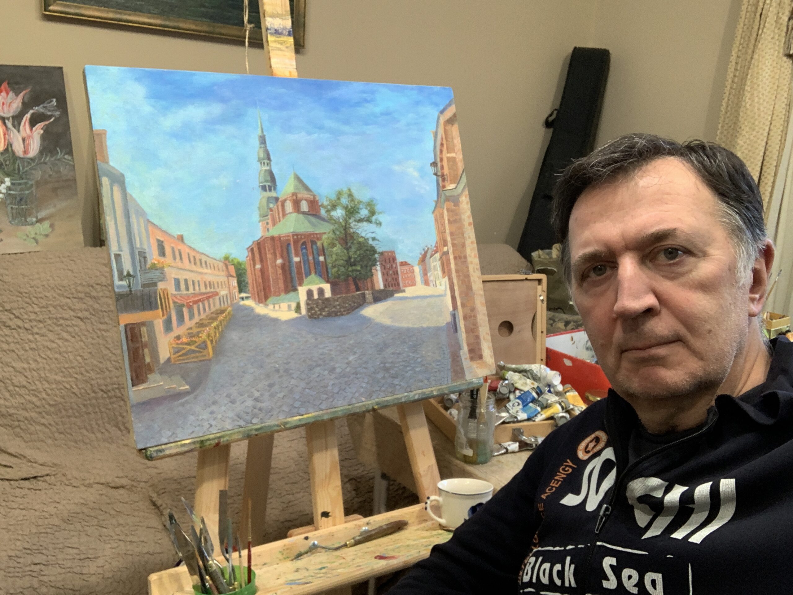 Old Riga Latvia St. Peter's Church landscape clouds city painting oil canvas artist Albert Safiullin