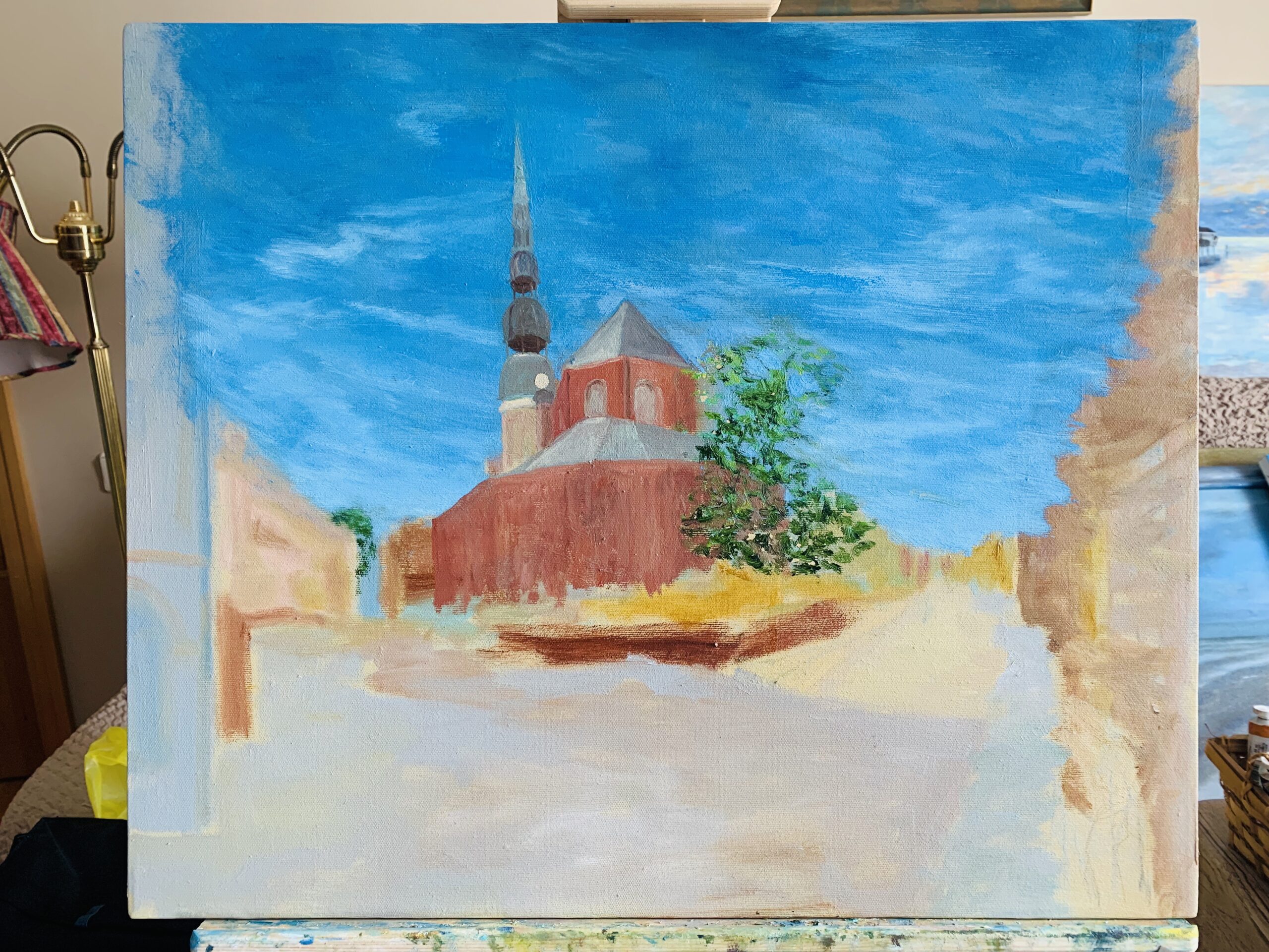 Old Riga Latvia St. Peter's Church landscape clouds city painting oil canvas artist Albert Safiullin