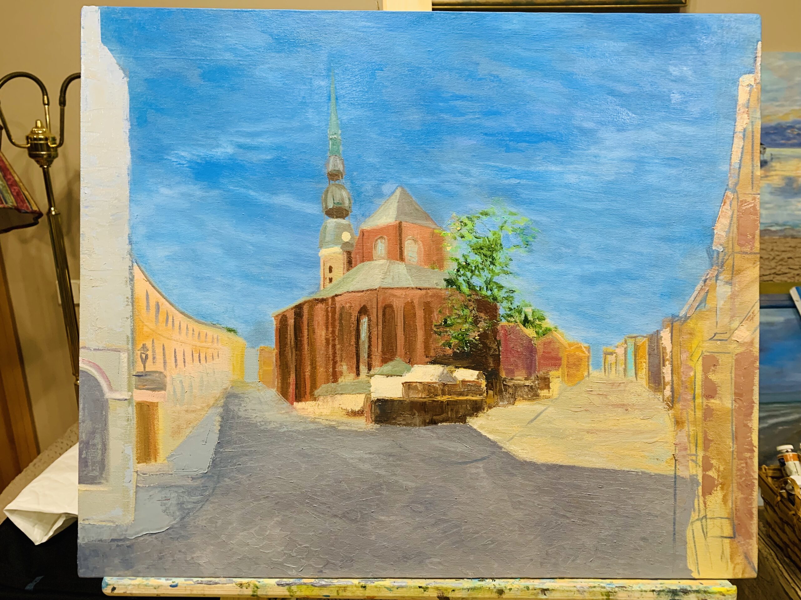 Old Riga Latvia St. Peter's Church landscape clouds city painting oil canvas artist Albert Safiullin