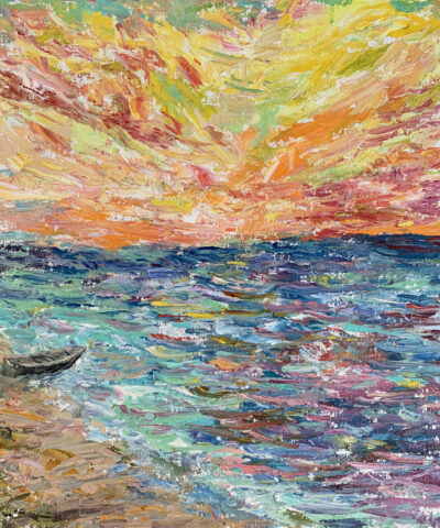 Sea boat sunset painting landscape Latvia oil canvas artist Albert Safiullin