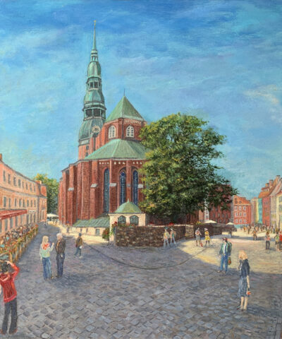 Old Town Riga Latvia St. Peter's Church landscape clouds city painting oil canvas artist Albert Safiullin