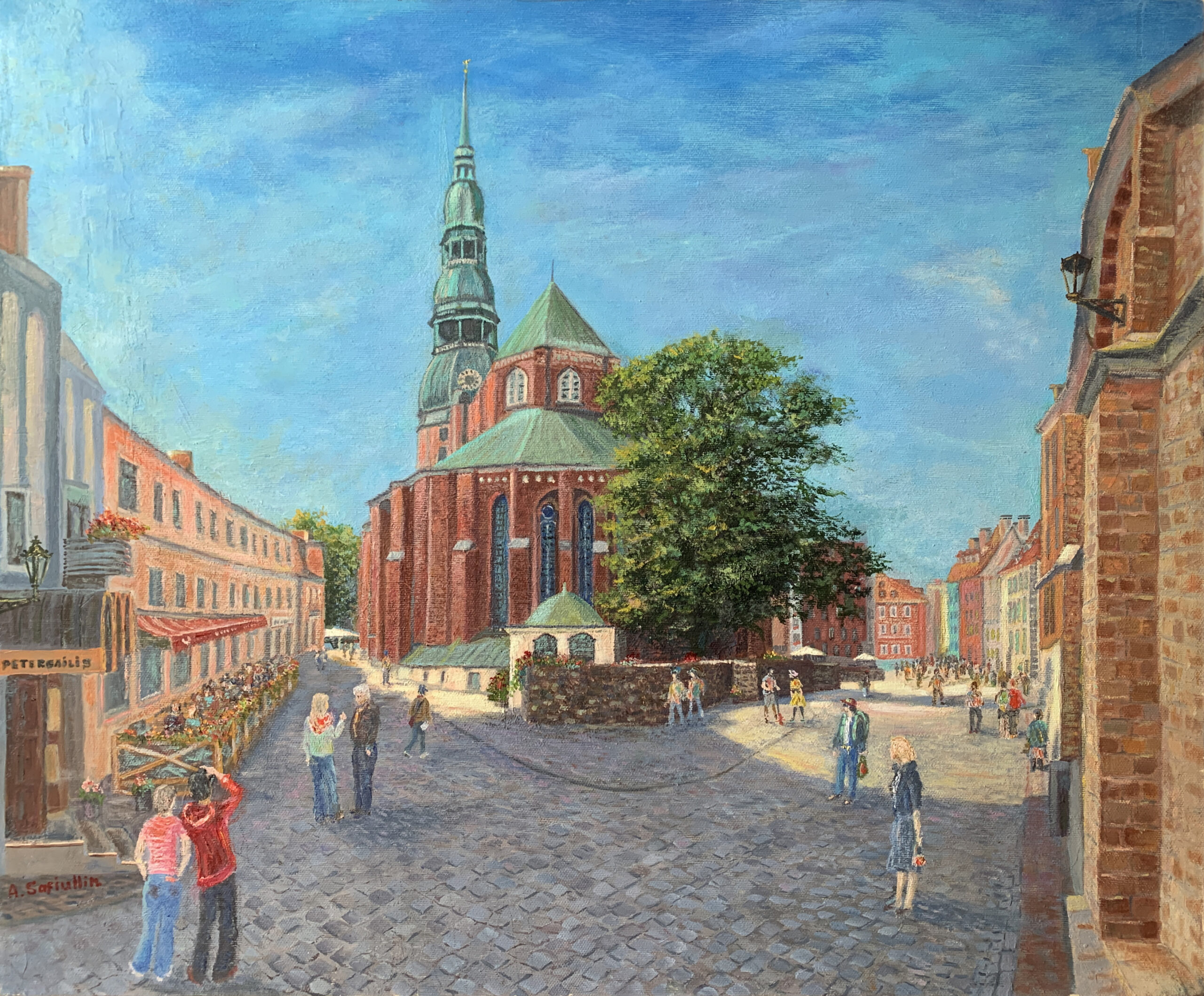 Old Town Riga Latvia St. Peter's Church landscape clouds city painting oil canvas artist Albert Safiullin