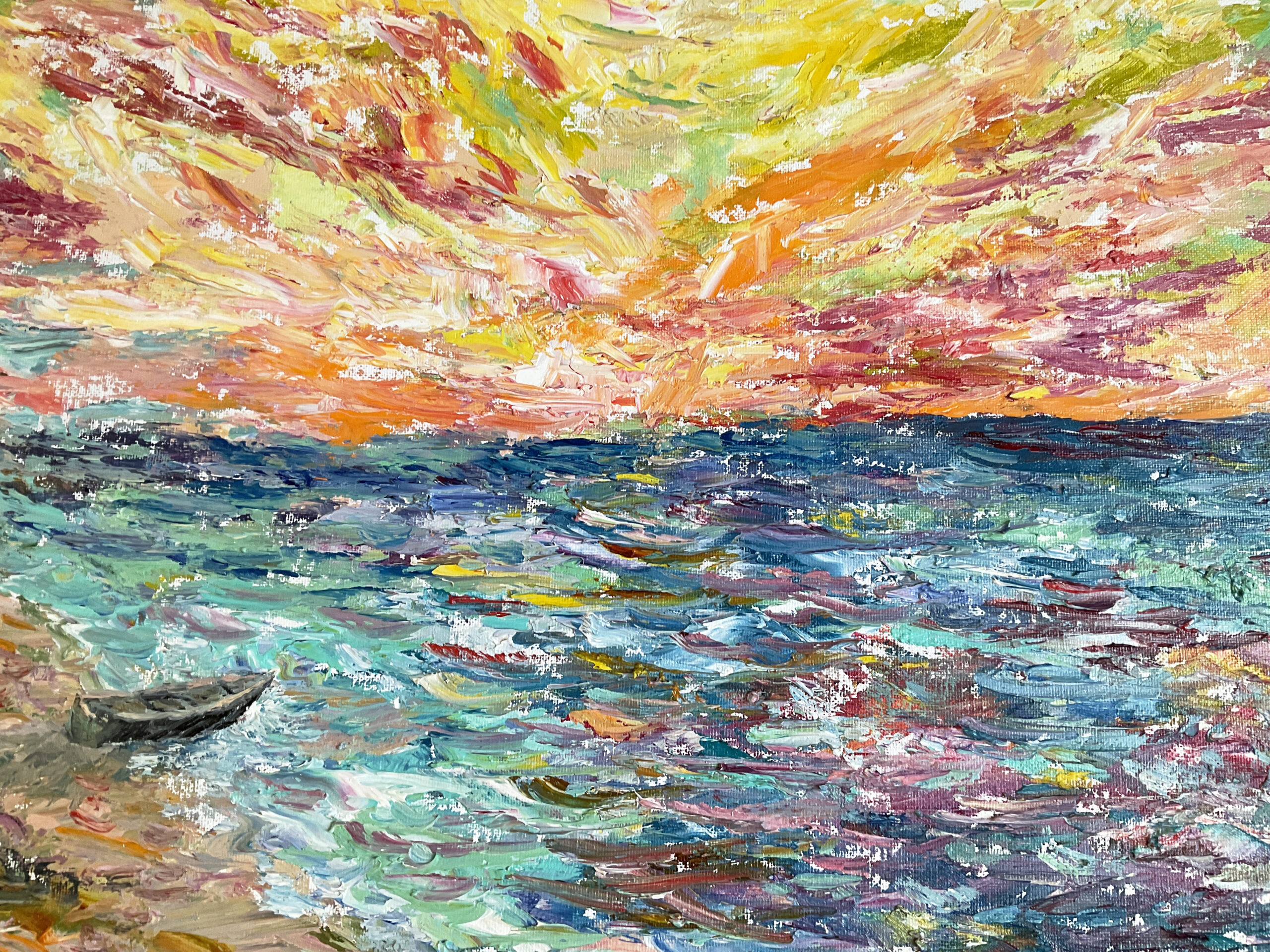 Sea boat sunset painting landscape Latvia oil canvas artist Albert Safiullin