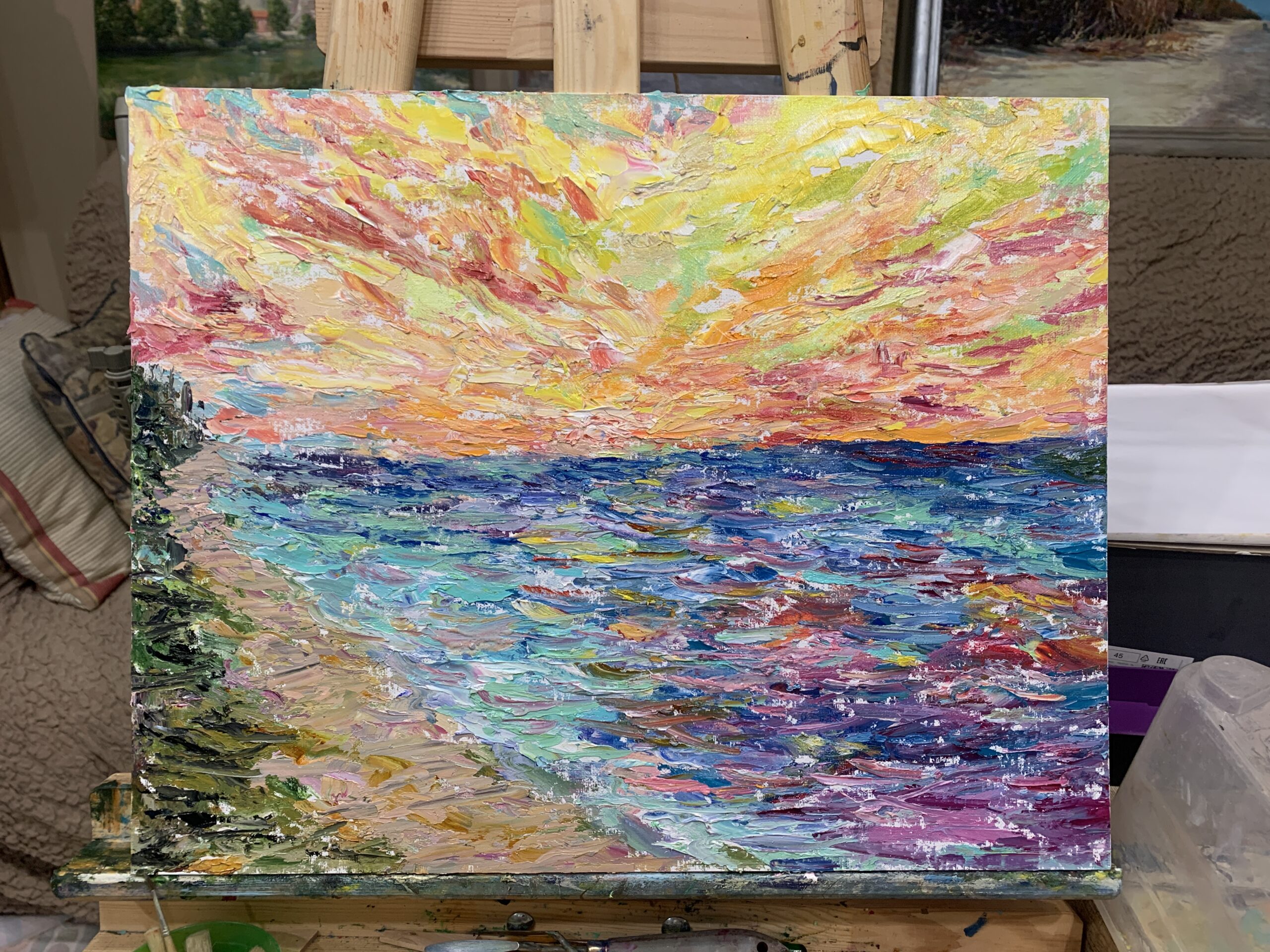 Sea boat sunset painting landscape Latvia oil canvas artist Albert Safiullin