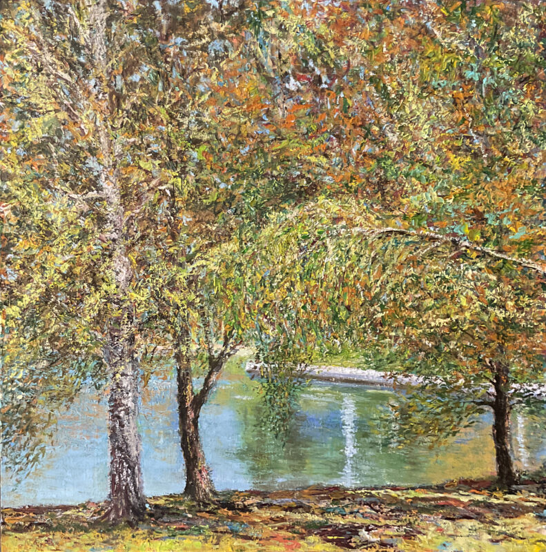 September Landscape Autumn Indian Summer pond trees painting canvas oil artist Albert Safiullin