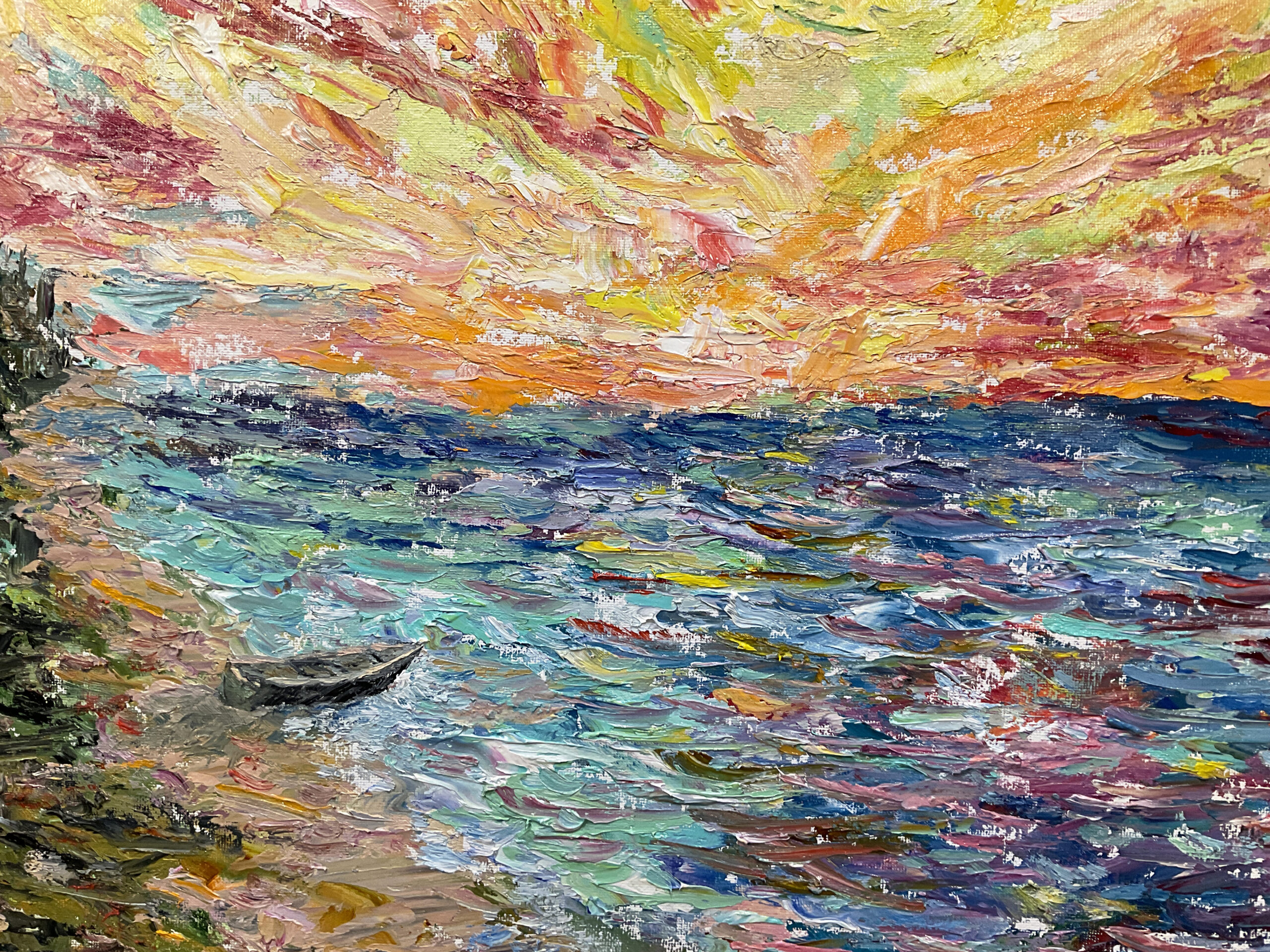Boat sea clouds waves sunset Jurmala Latvia oil canvas painting artist Albert Safiullin