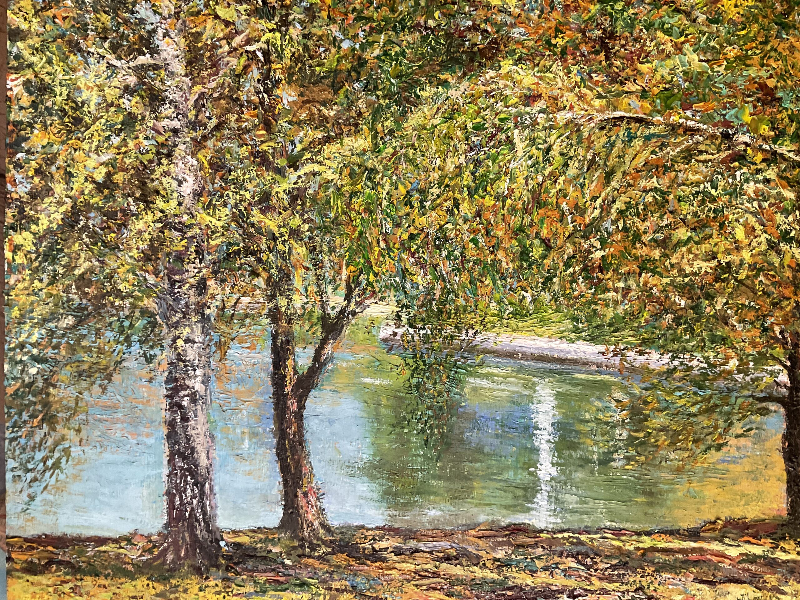Autumn Landscape Detail September Landscape Autumn Indian Summer pond trees painting canvas oil artist Albert Safiullin