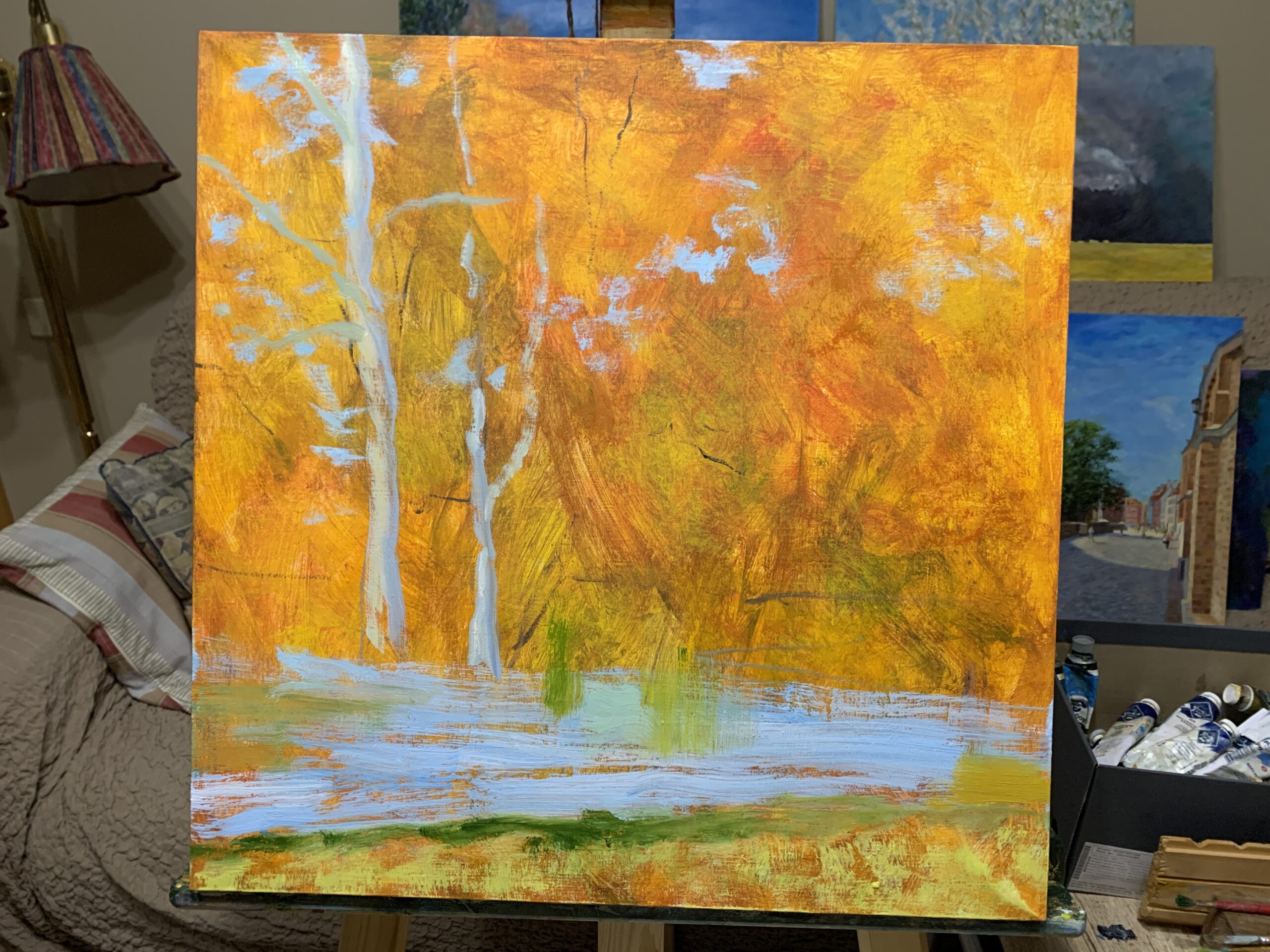 Autumn Landscape Этап 1 IMG_3396 September Landscape Autumn Indian Summer pond trees painting canvas oil artist Albert Safiullin
