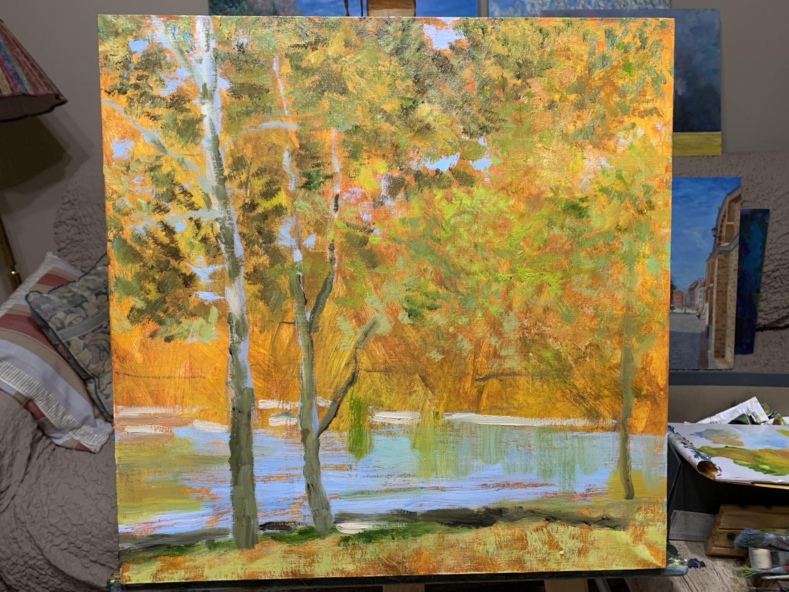 Autumn Landscape Этап 2 IMG_3398 September Landscape Autumn Indian Summer pond trees painting canvas oil artist Albert Safiullin