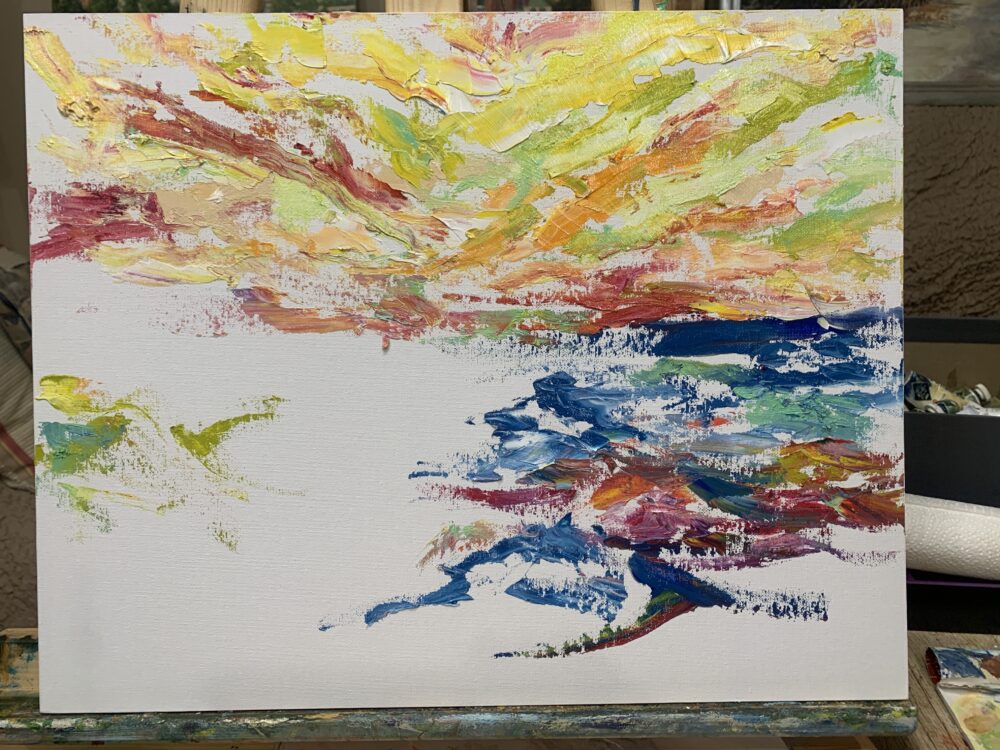 Boat sea clouds waves sunset Jurmala Latvia oil canvas painting artist Albert Safiullin