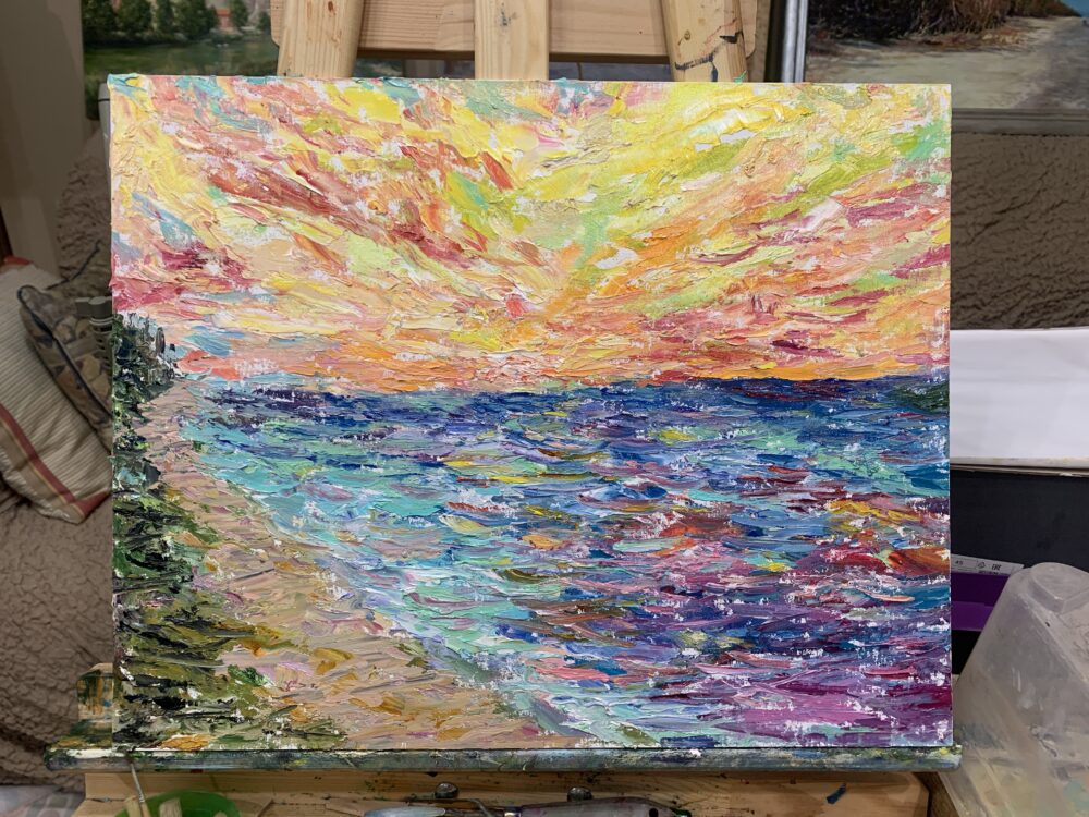 Boat sea clouds waves sunset Jurmala Latvia oil canvas painting artist Albert Safiullin