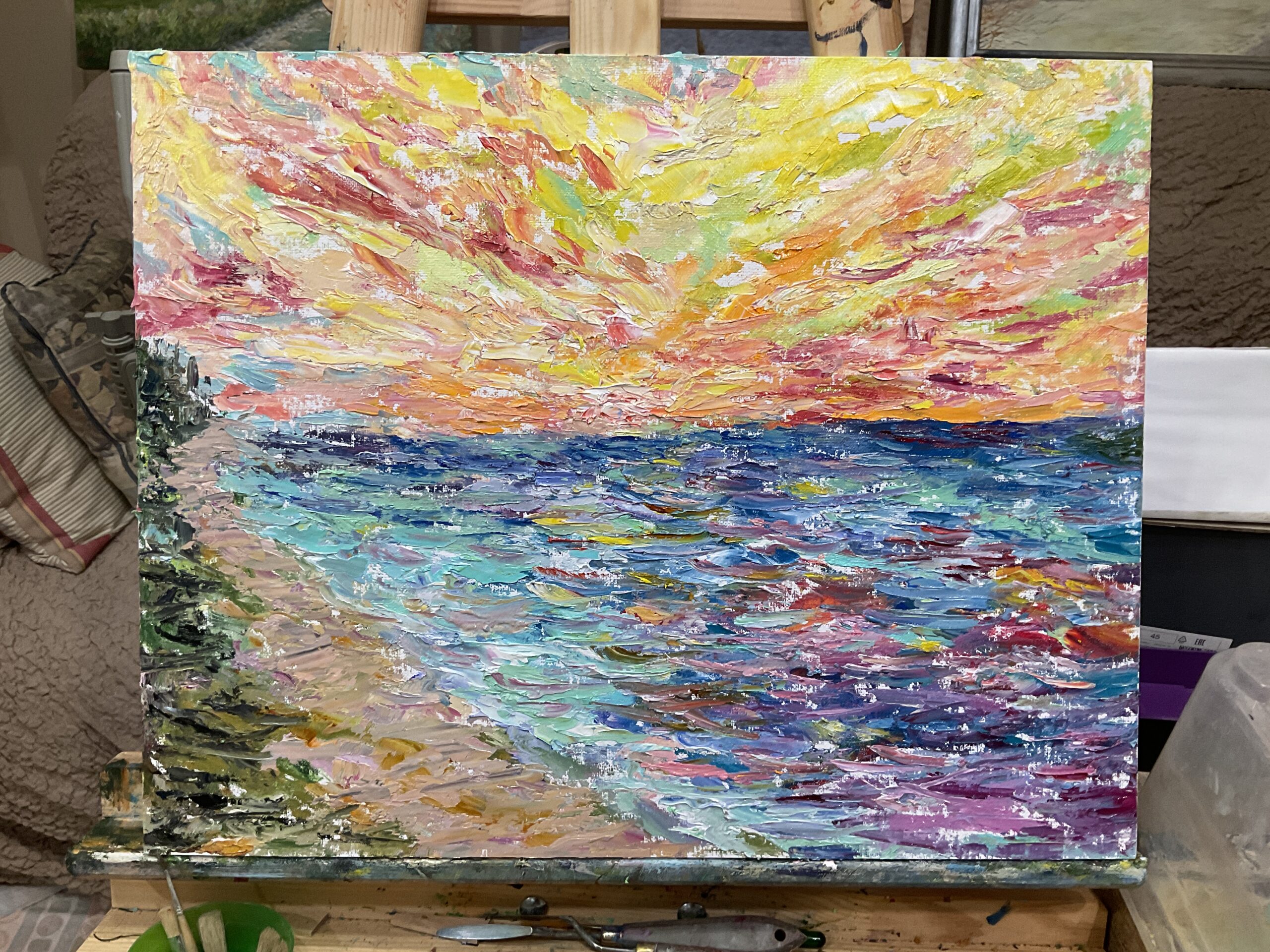 Boat sea clouds waves sunset Jurmala Latvia oil canvas painting artist Albert Safiullin